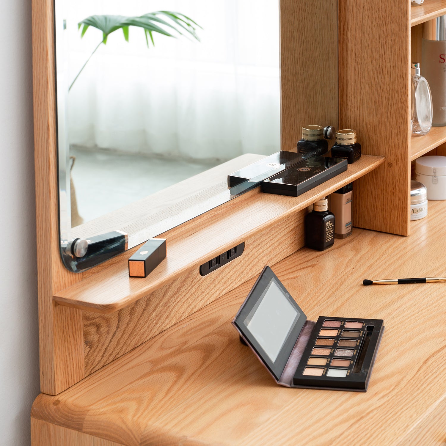 Solid Oak Dressing Table Set,Vanity Set with Mirror & Stool
