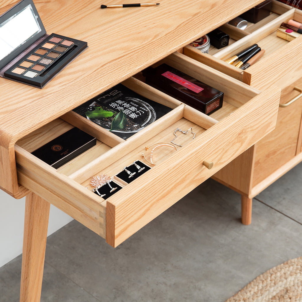 Solid Oak Dressing Table Set,Vanity Set with Mirror & Stool