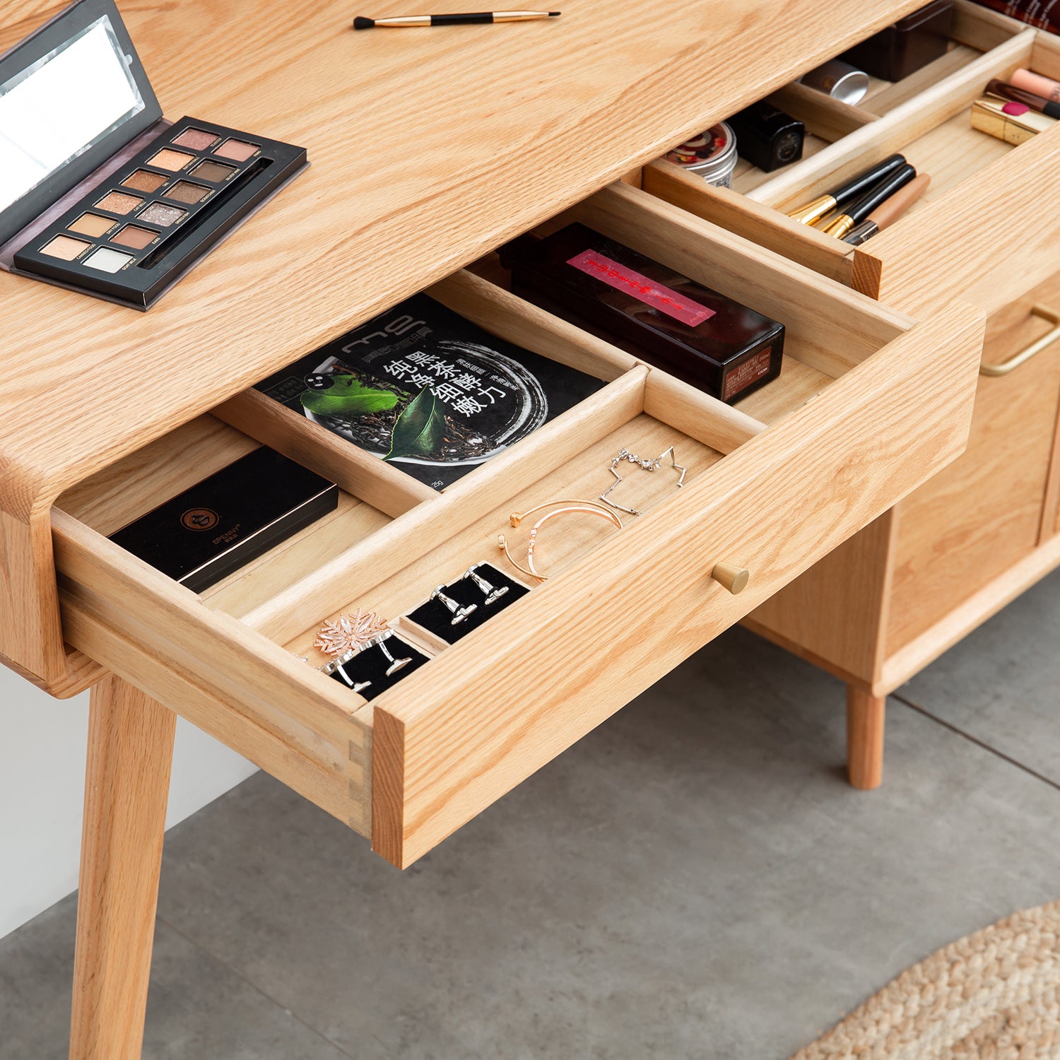 Solid Oak Dressing Table Set,Vanity Set with Mirror & Stool