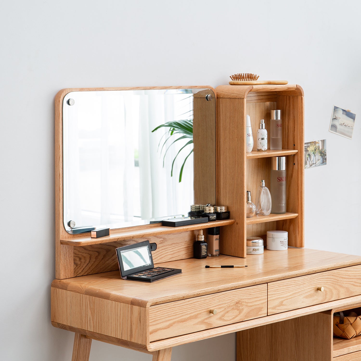 Solid Oak Dressing Table Set,Vanity Set with Mirror & Stool