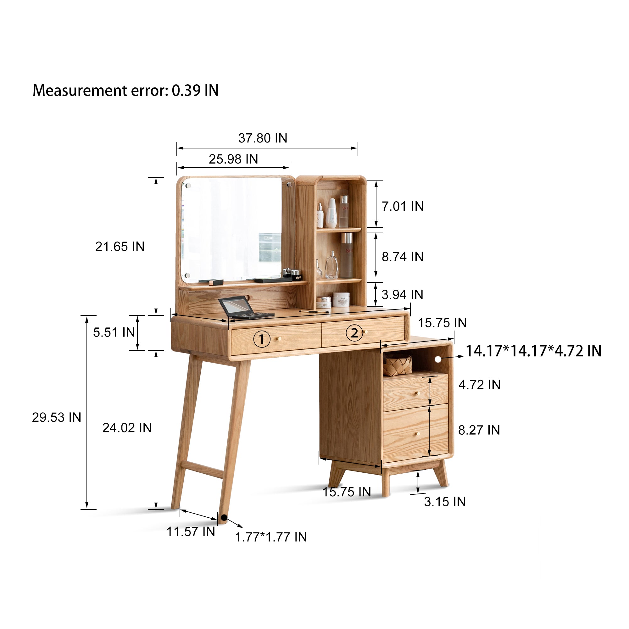 Solid Oak Dressing Table Set,Vanity Set with Mirror & Stool
