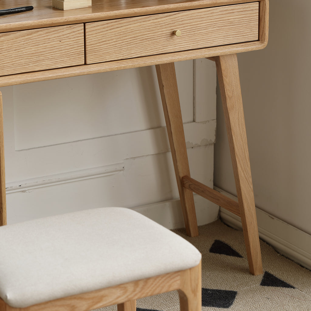 Solid Oak Dressing Table Set,Vanity Set with Mirror & Stool