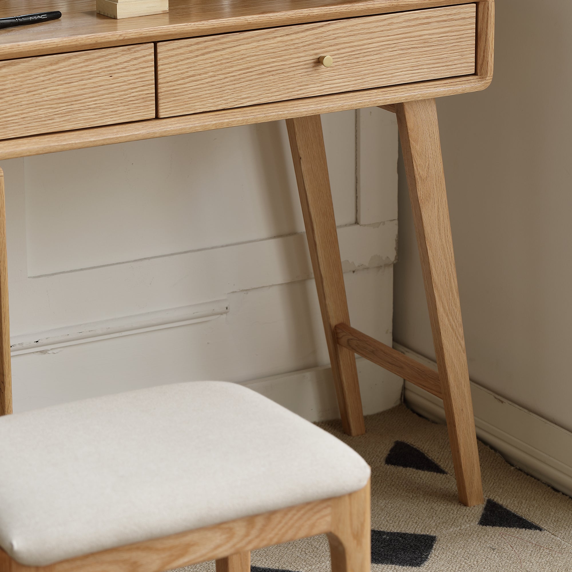 Solid Oak Dressing Table Set,Vanity Set with Mirror & Stool