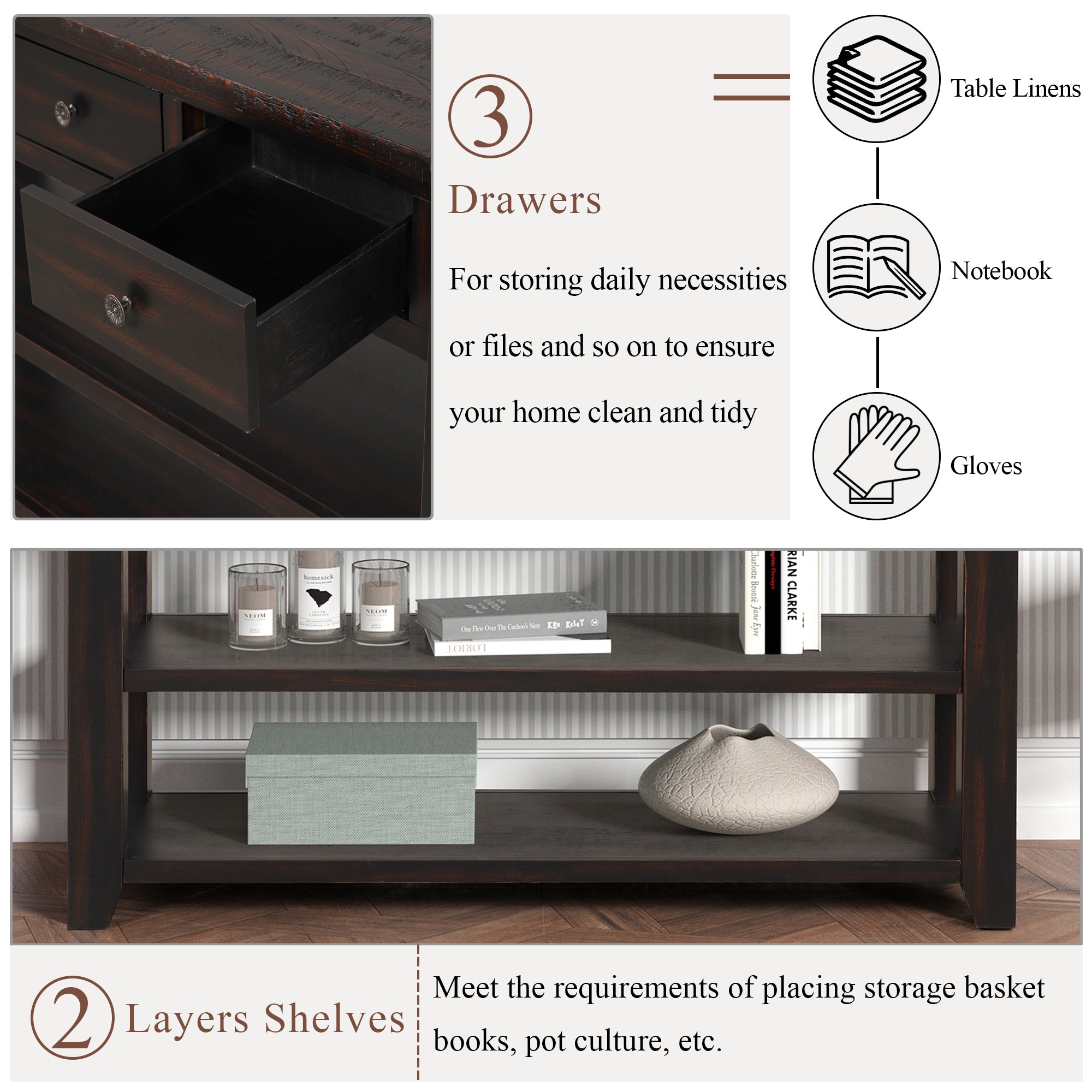 Modern solid pine top control console table(distressed black)