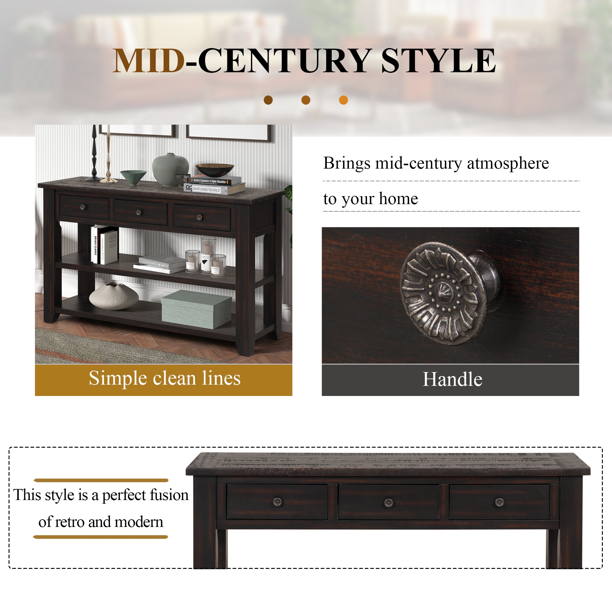 Modern solid pine top control console table(distressed black)