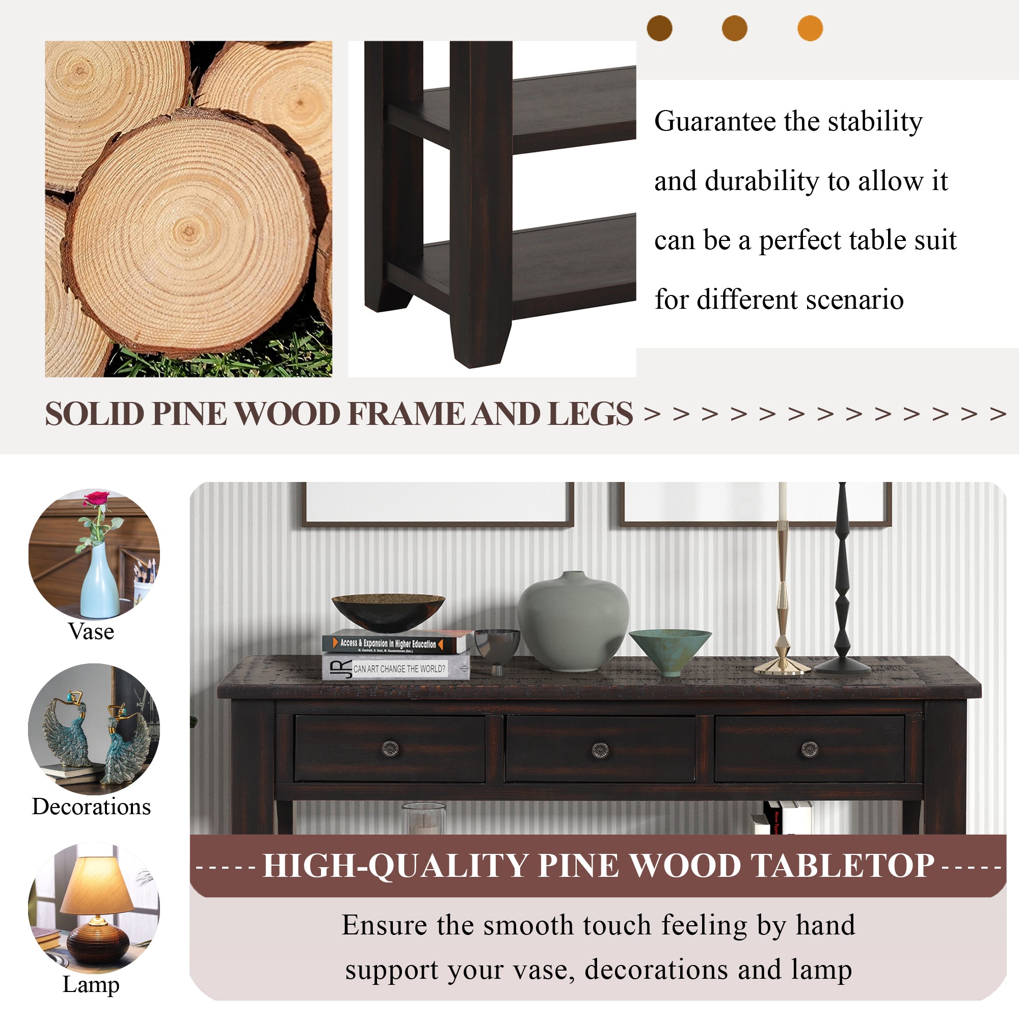 Modern solid pine top control console table(distressed black)