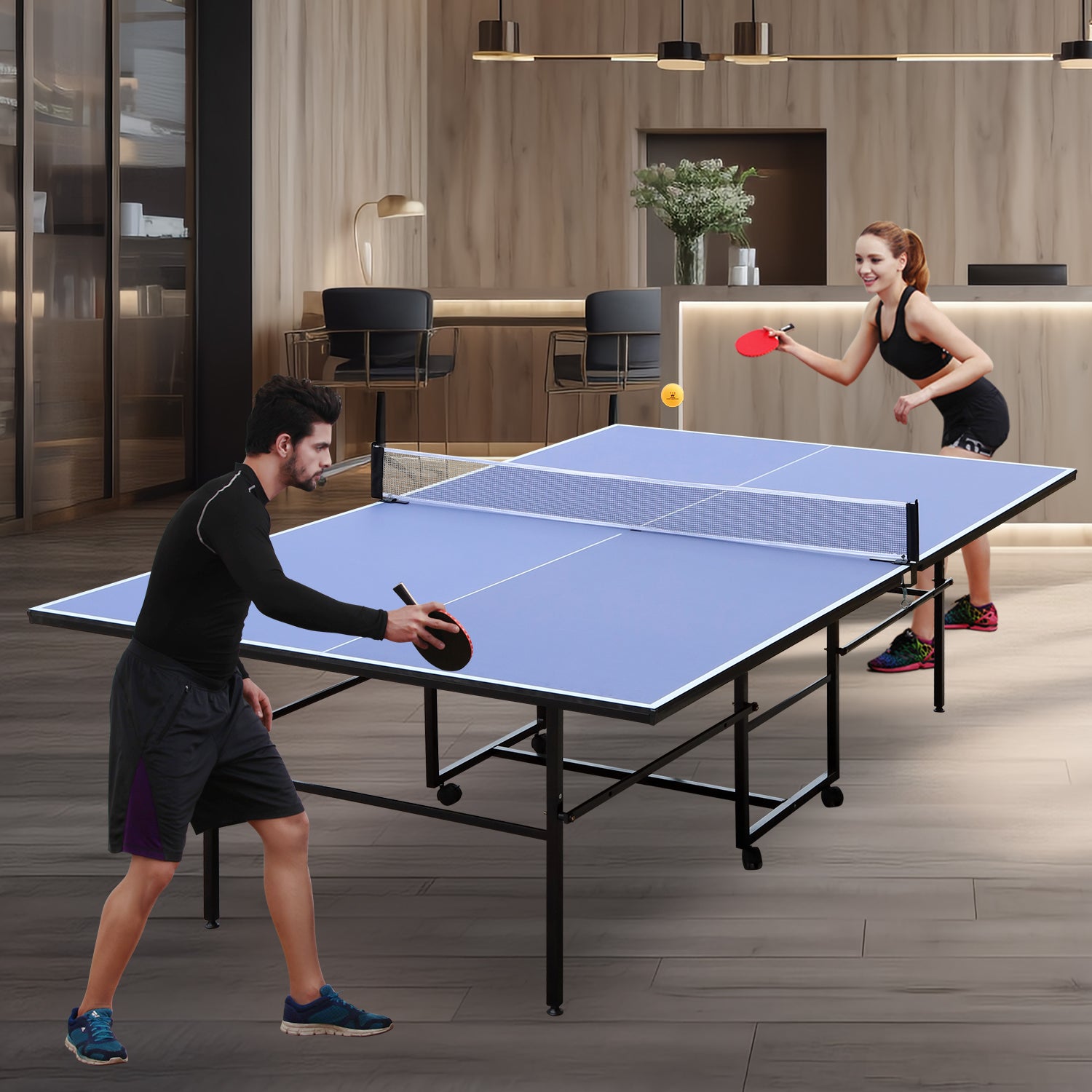 9-foot collapsible medium-sized ping-pong table with a net, 2 ping-pong paddles and 3 balls 98 lbs