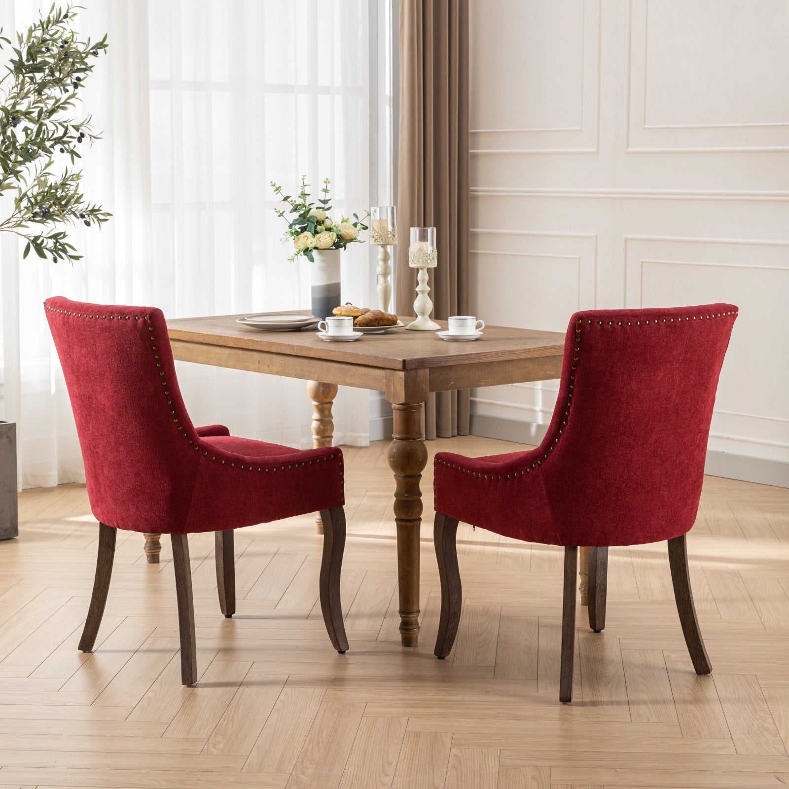 Retro-style thickened fabric light luxury high-back dining chair（burgundy）