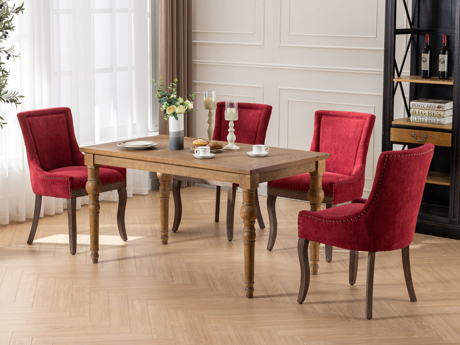 Retro-style thickened fabric light luxury high-back dining chair（burgundy）