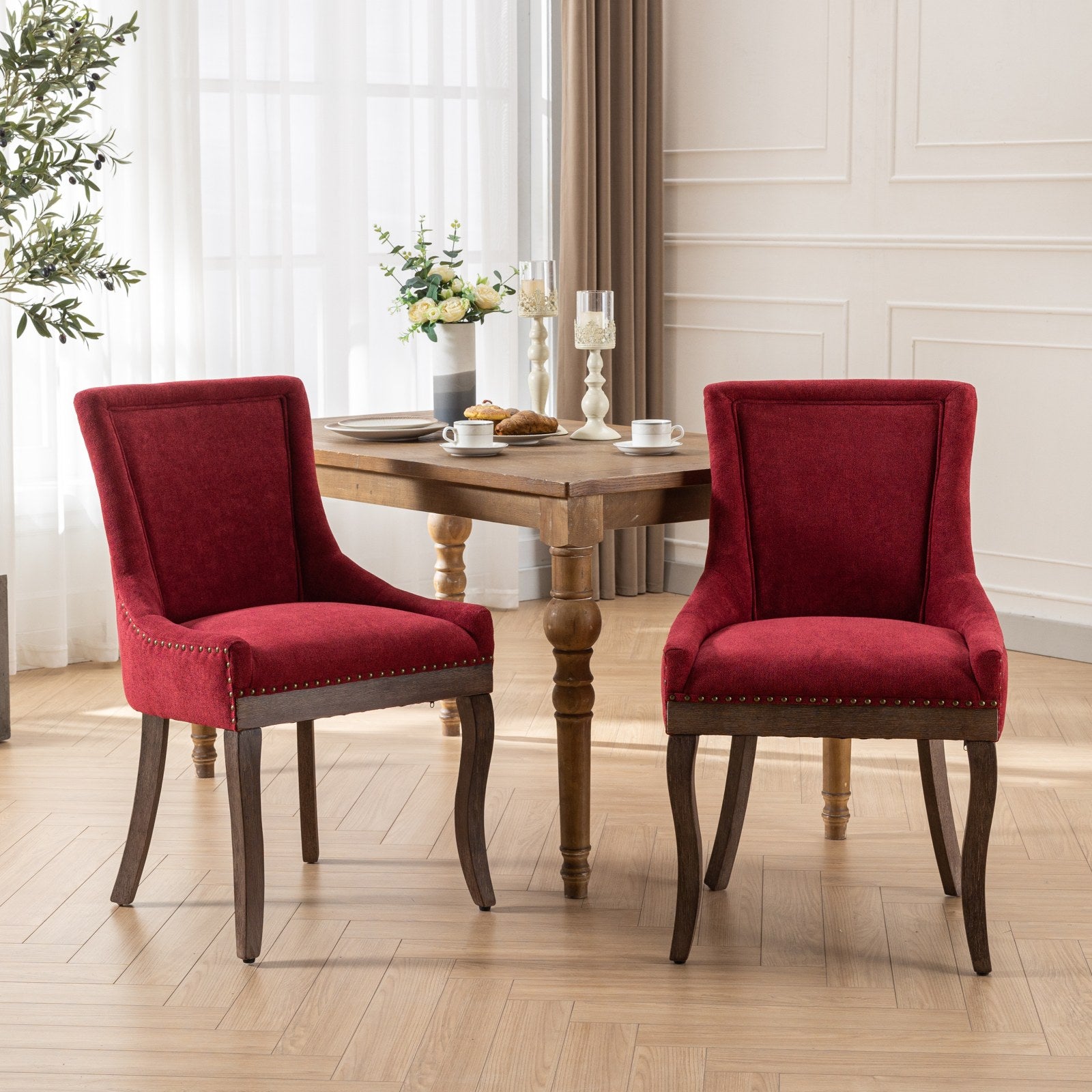 Retro-style thickened fabric light luxury high-back dining chair（burgundy）