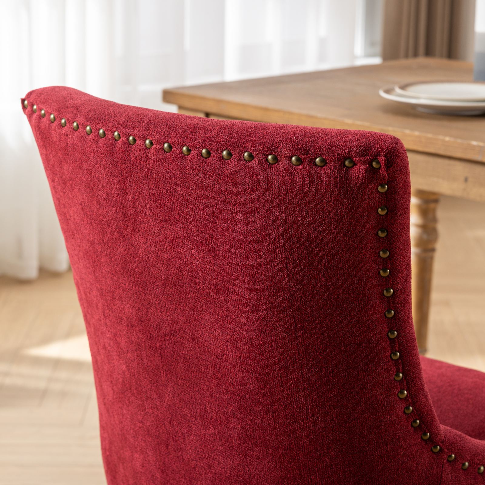 Retro-style thickened fabric light luxury high-back dining chair（burgundy）