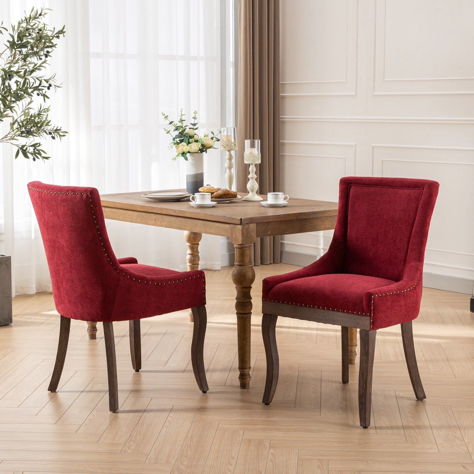Retro-style thickened fabric light luxury high-back dining chair（burgundy）