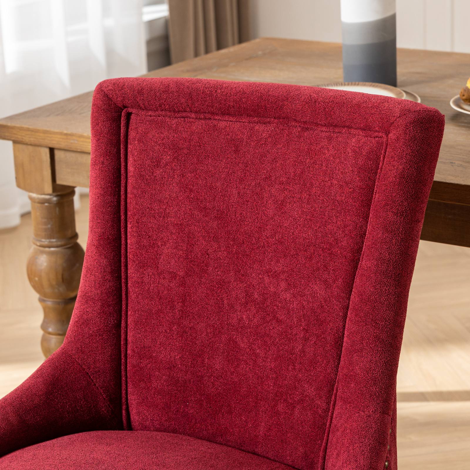 Retro-style thickened fabric light luxury high-back dining chair（burgundy）