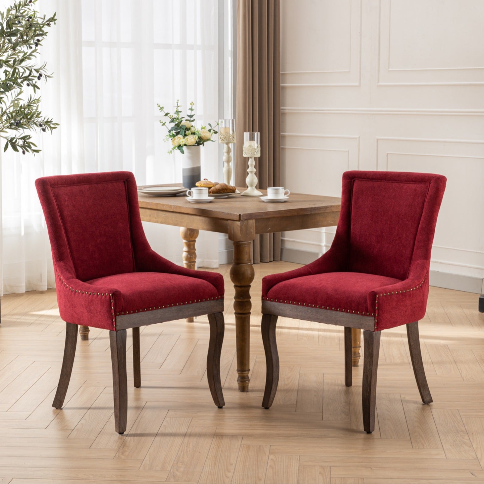 Retro-style thickened fabric light luxury high-back dining chair（burgundy）