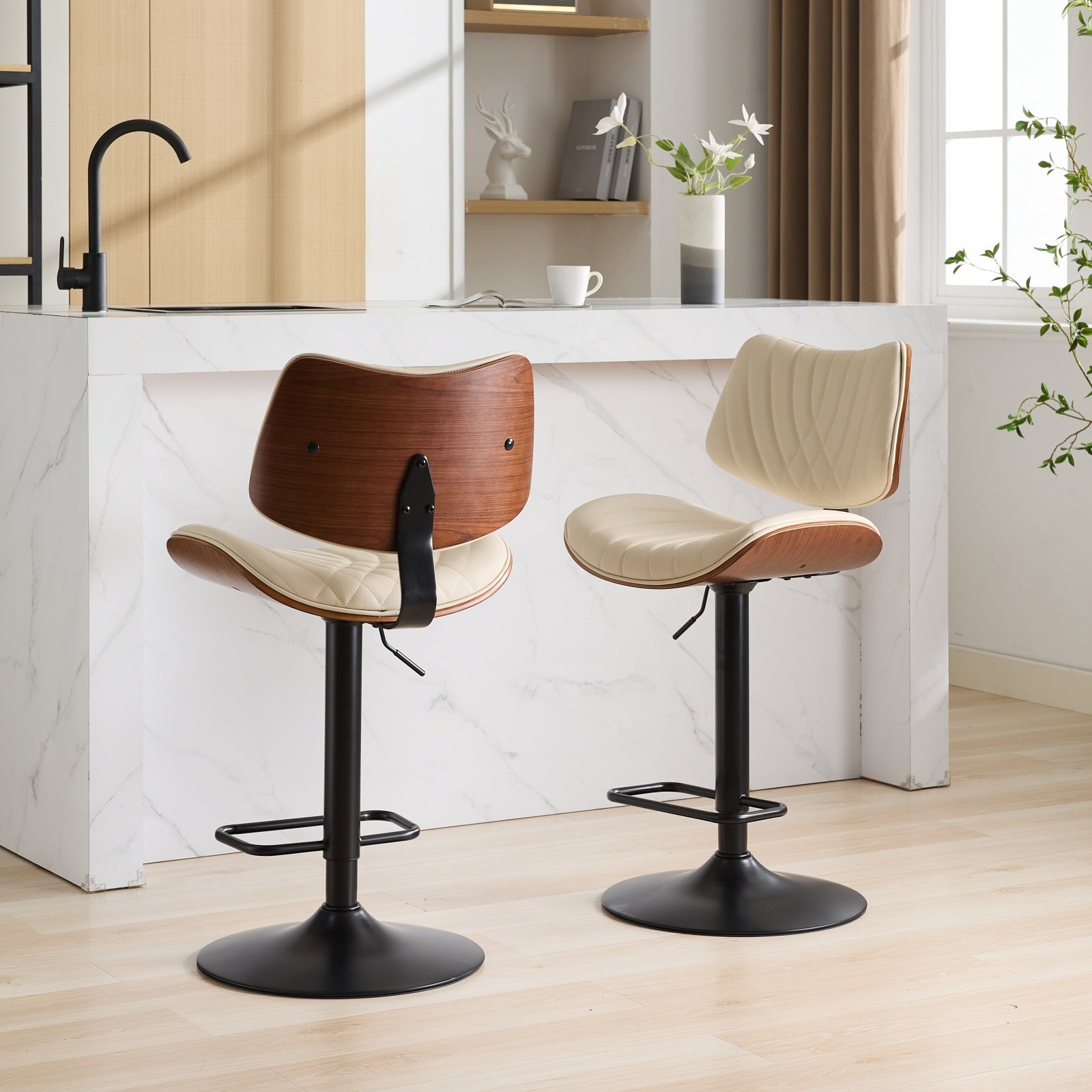 Adjustable leather soft cushion 360° rotatable walnut bar stool(Beige)