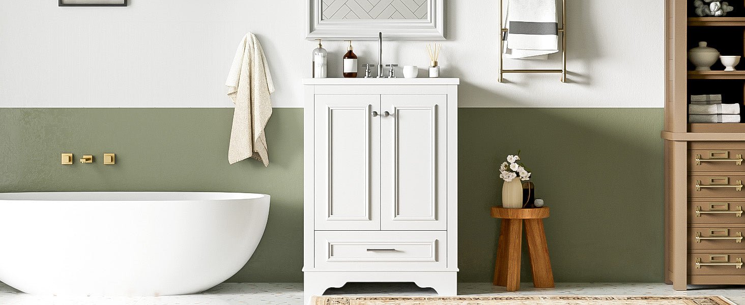 24 - inch ceramic sink bathroom dressing table, modern standalone storage cabinet(white) - KiKiUMi