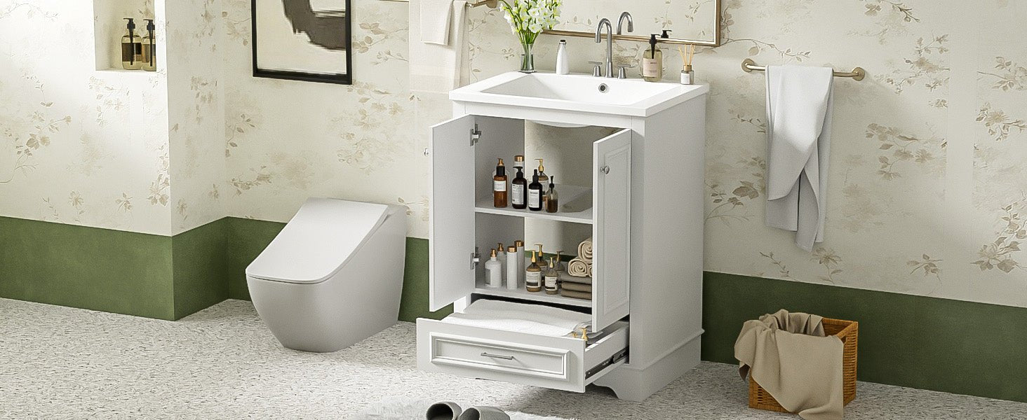 24 - inch ceramic sink bathroom dressing table, modern standalone storage cabinet(white) - KiKiUMi