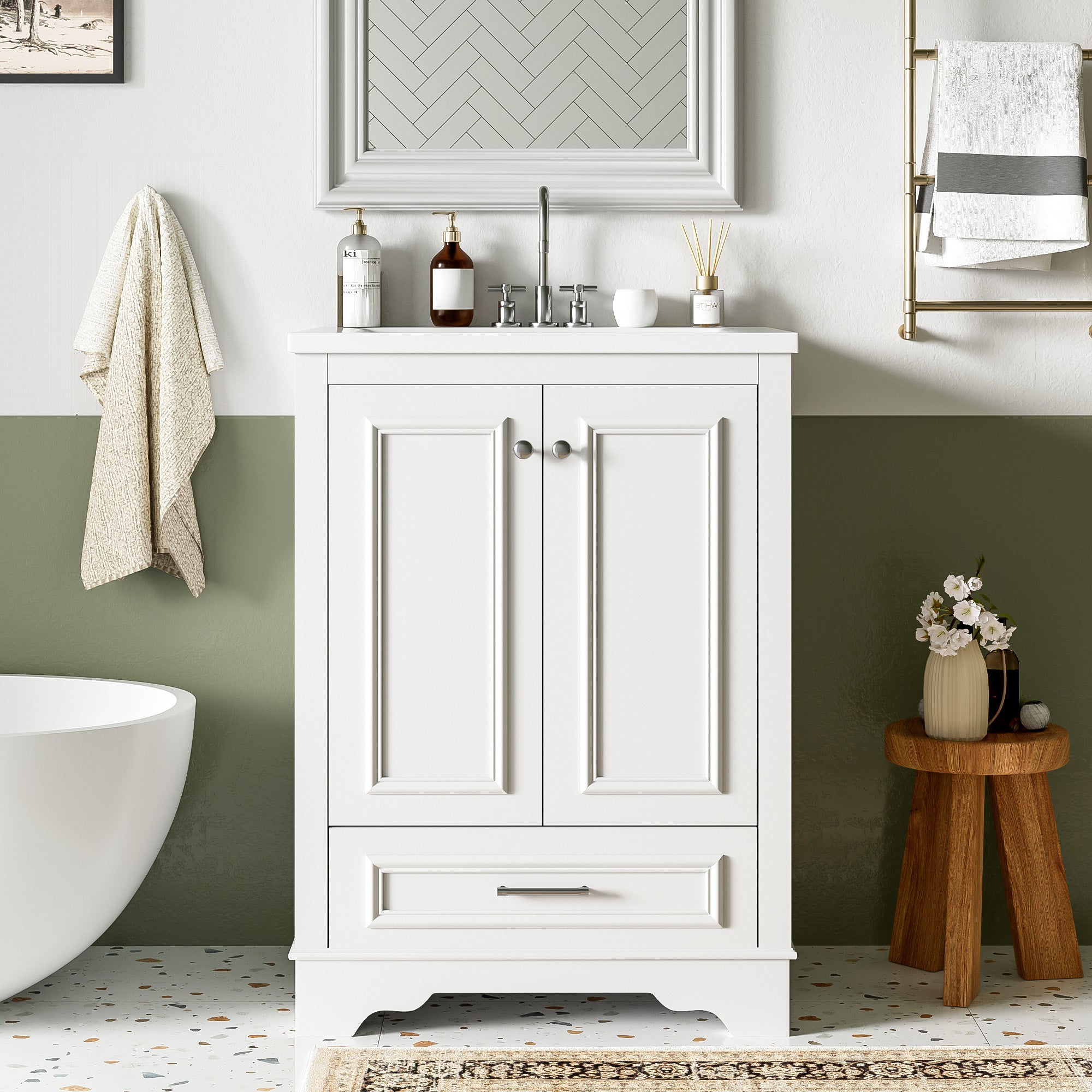 24 - inch ceramic sink bathroom dressing table, modern standalone storage cabinet(white) - KiKiUMi