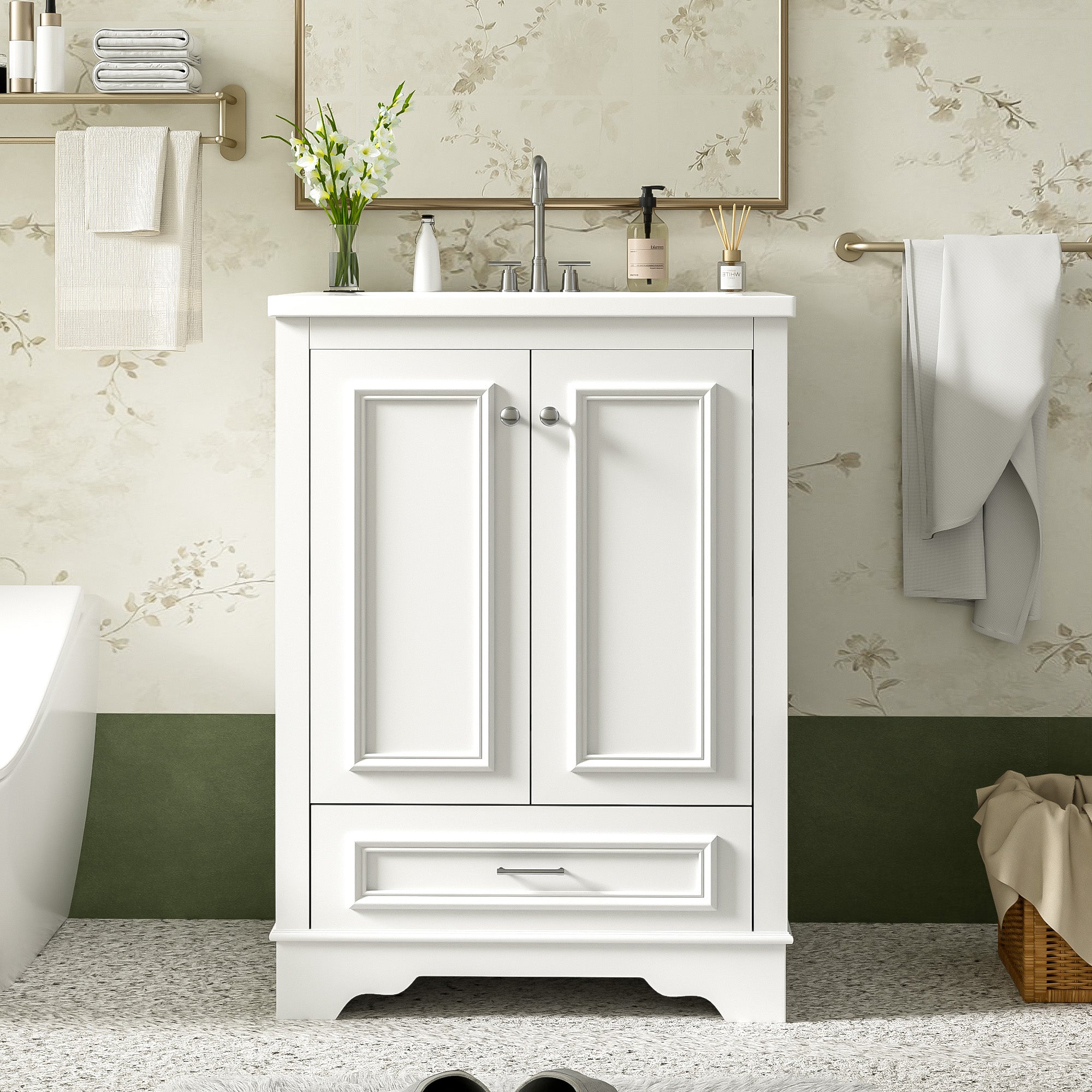 24 - inch ceramic sink bathroom dressing table, modern standalone storage cabinet(white) - KiKiUMi