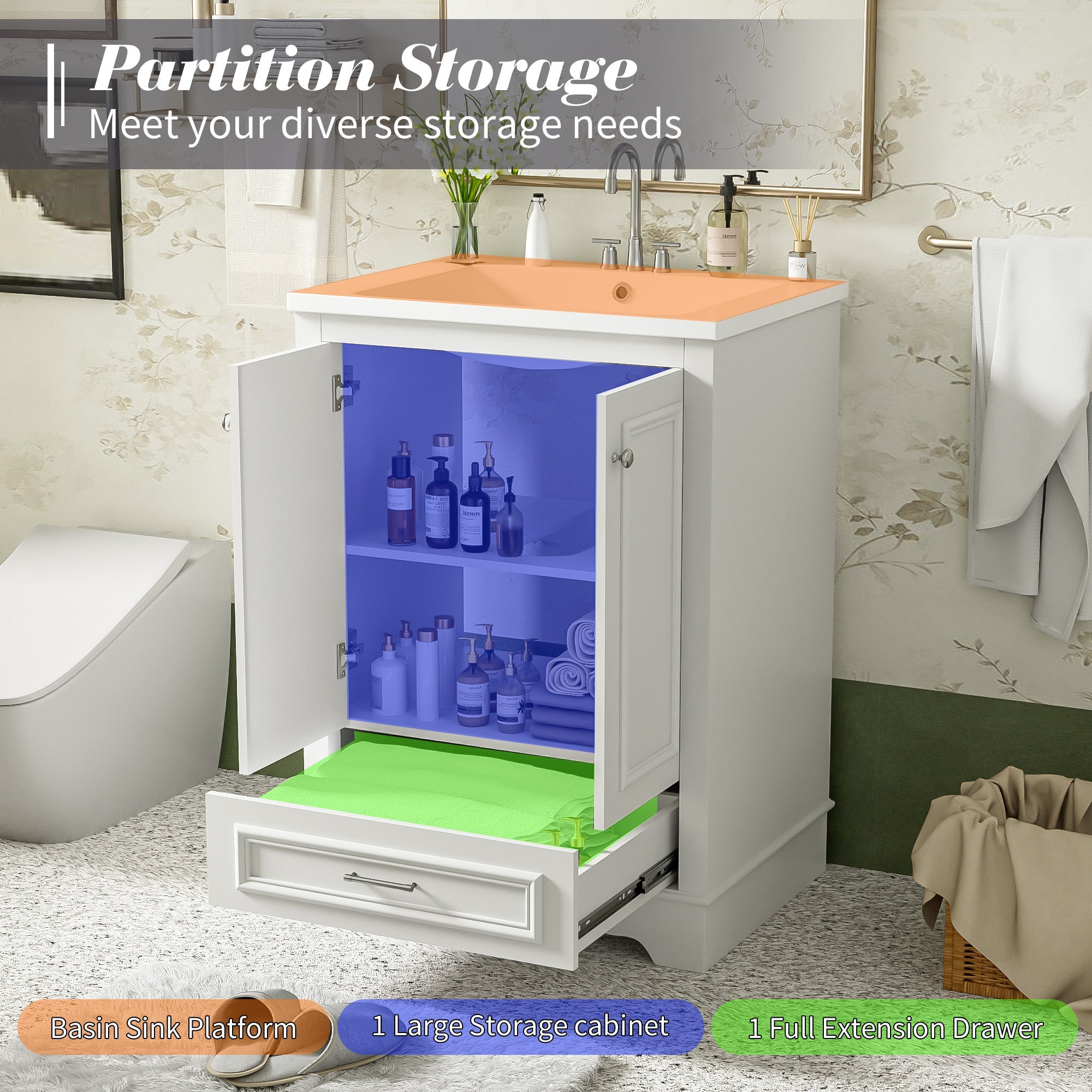 24 - inch ceramic sink bathroom dressing table, modern standalone storage cabinet(white) - KiKiUMi