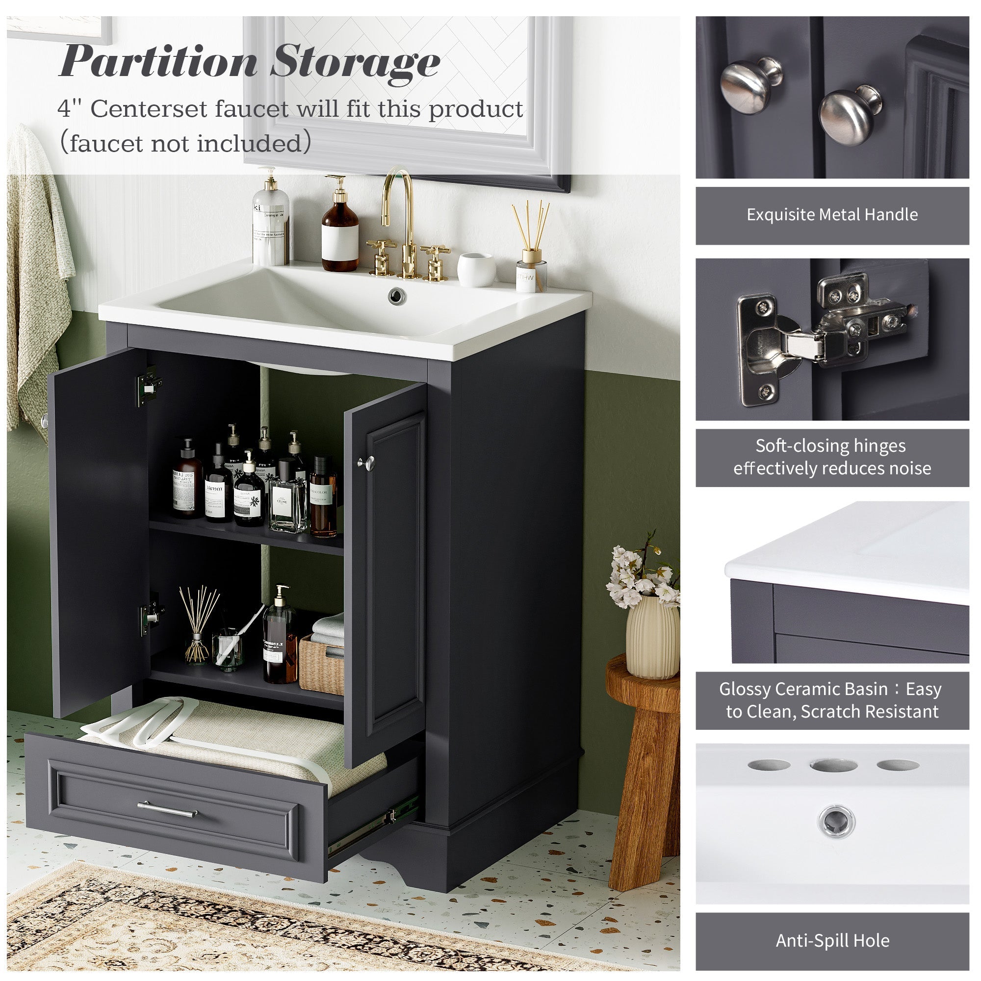24 - inch ceramic sink bathroom dressing table(blue gray) - KiKiUMi