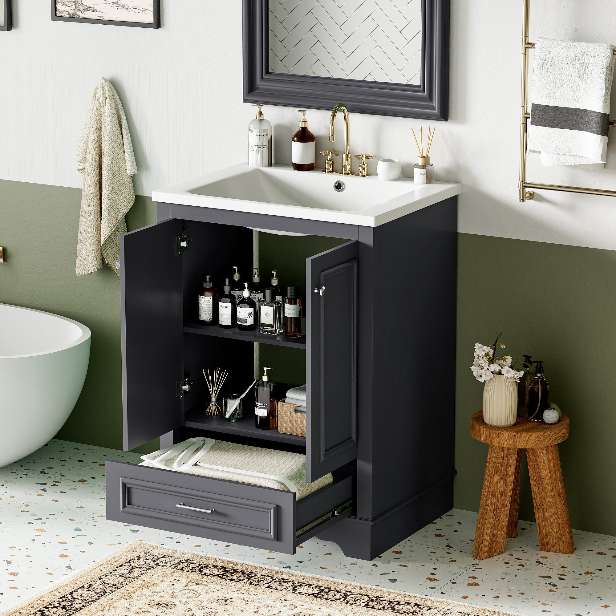 24 - inch ceramic sink bathroom dressing table(blue gray) - KiKiUMi