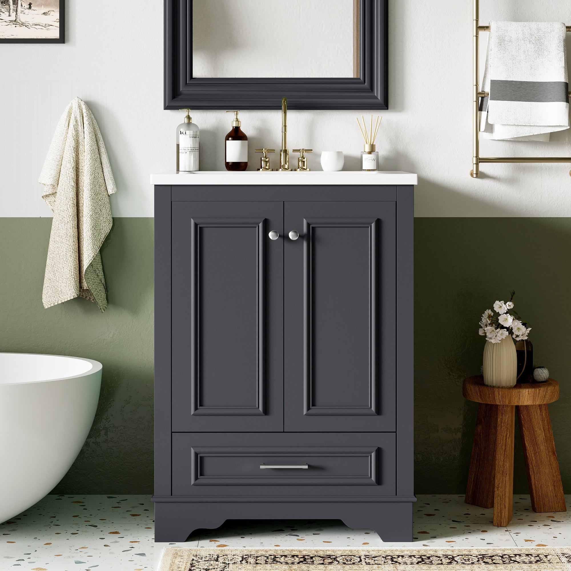 24 - inch ceramic sink bathroom dressing table(blue gray) - KiKiUMi
