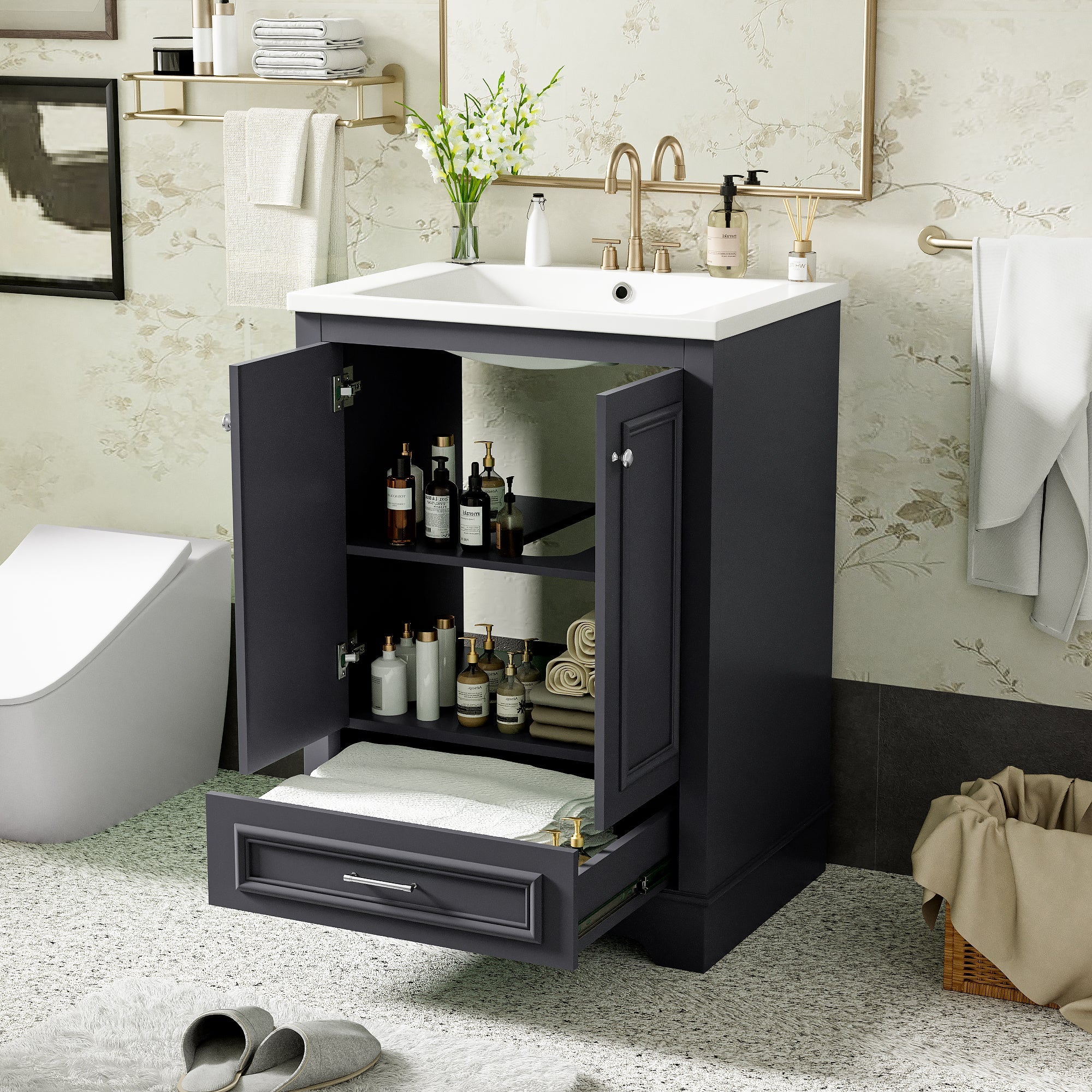 24 - inch ceramic sink bathroom dressing table(blue gray) - KiKiUMi