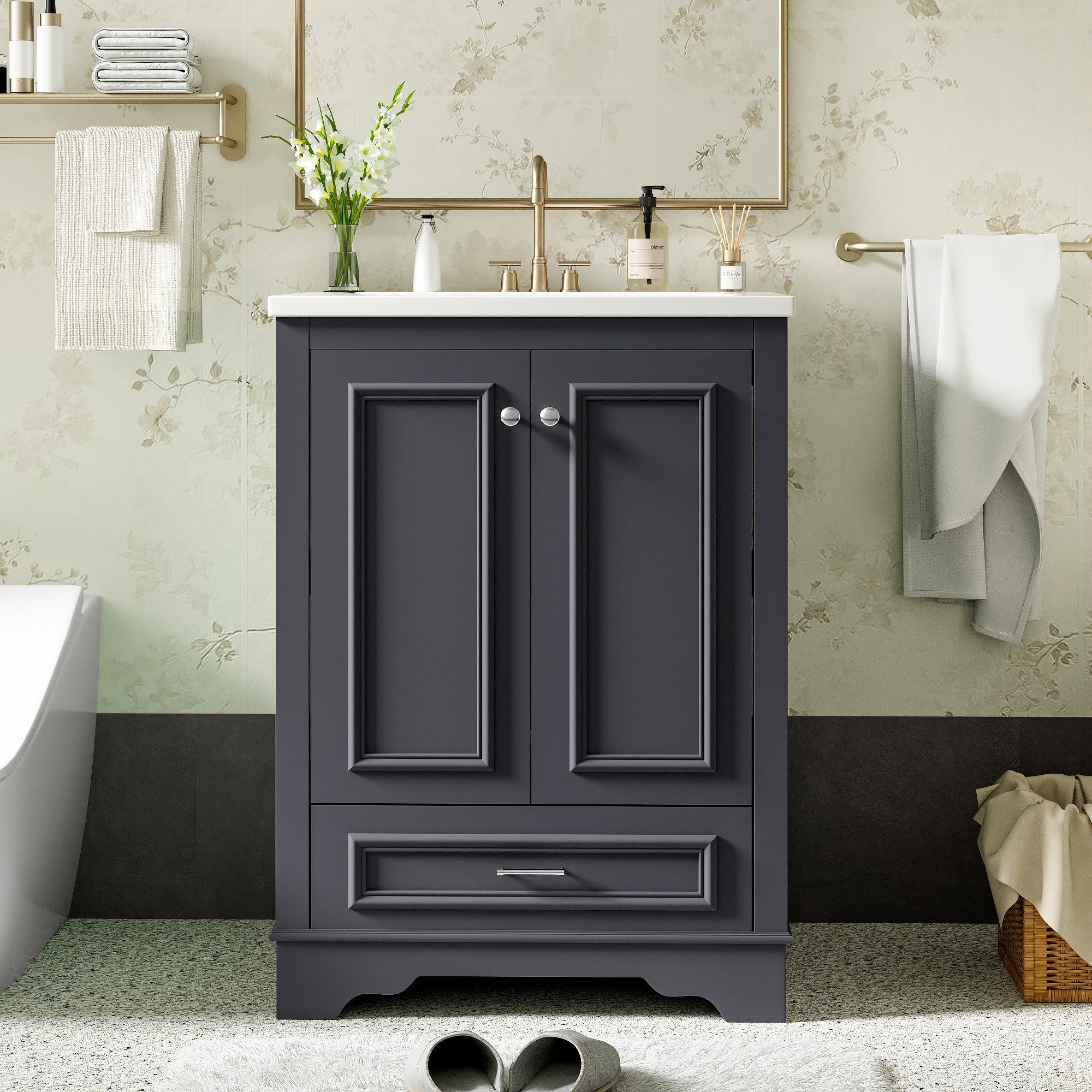 24 - inch ceramic sink bathroom dressing table(blue gray) - KiKiUMi