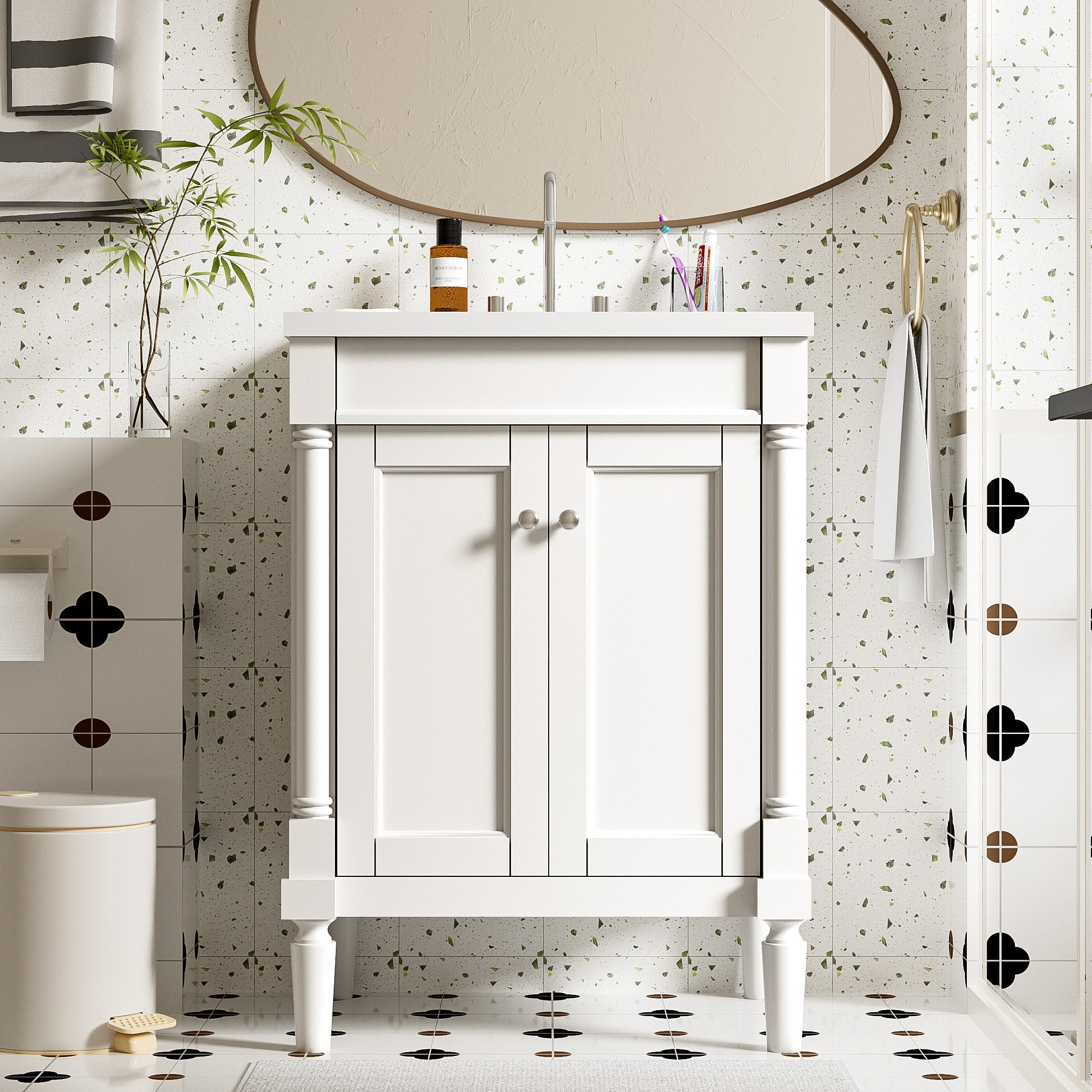 24 "Single sink bathroom dressing table, 2 - layer modern bathroom storage cabinet(white) - KiKiUMi