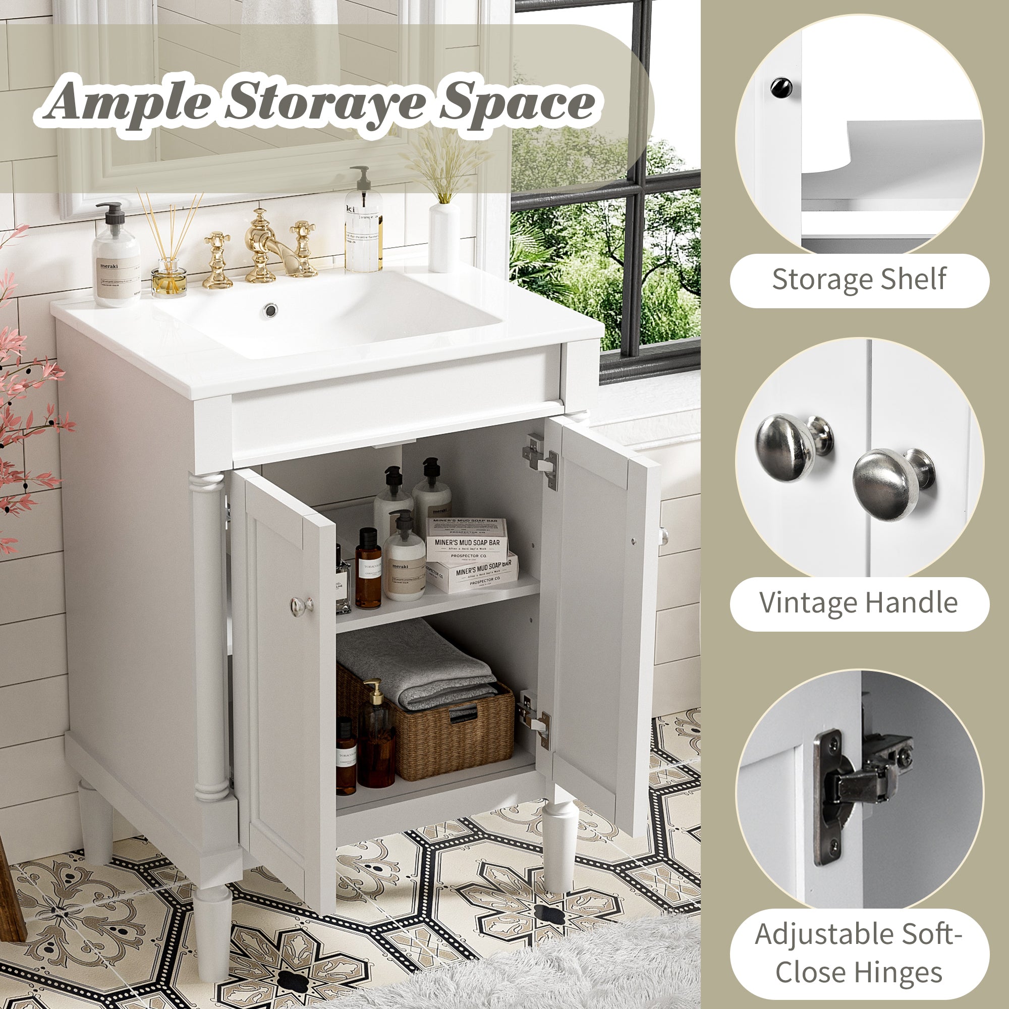 24 "Single sink bathroom dressing table, 2 - layer modern bathroom storage cabinet(white) - KiKiUMi