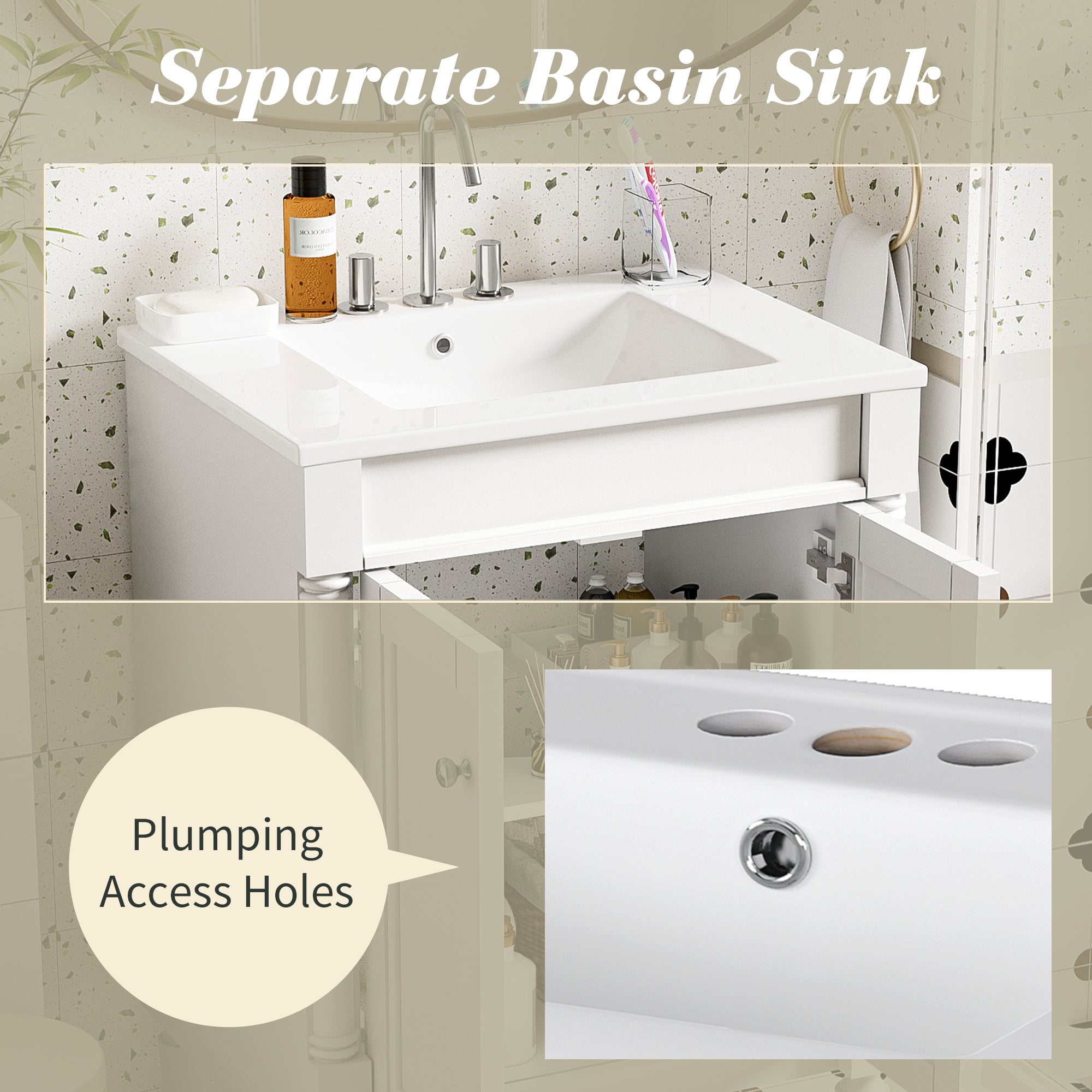 24 "Single sink bathroom dressing table, 2 - layer modern bathroom storage cabinet(white) - KiKiUMi