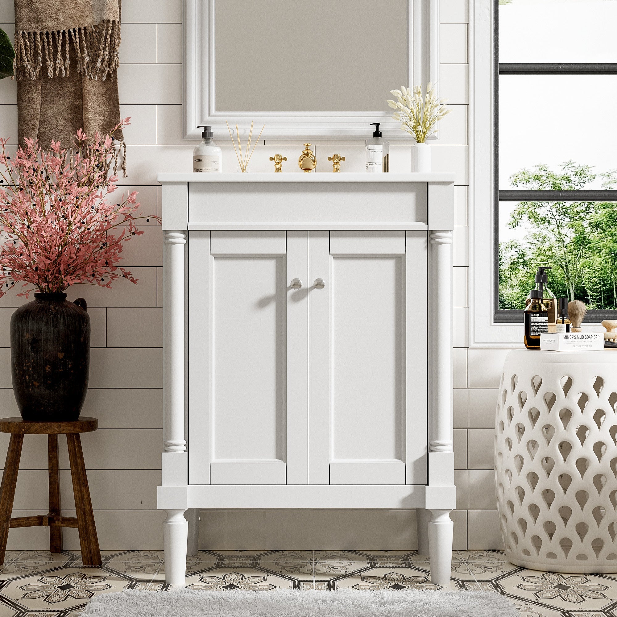 24 "Single sink bathroom dressing table, 2 - layer modern bathroom storage cabinet(white) - KiKiUMi