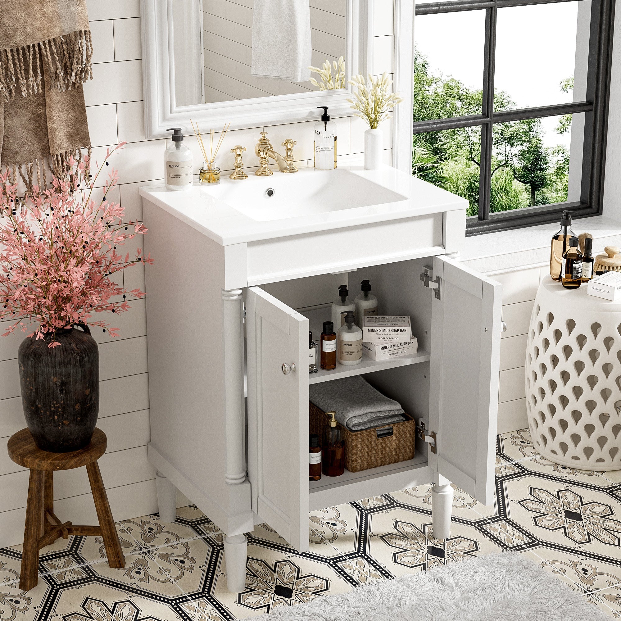 24 "Single sink bathroom dressing table, 2 - layer modern bathroom storage cabinet(white) - KiKiUMi