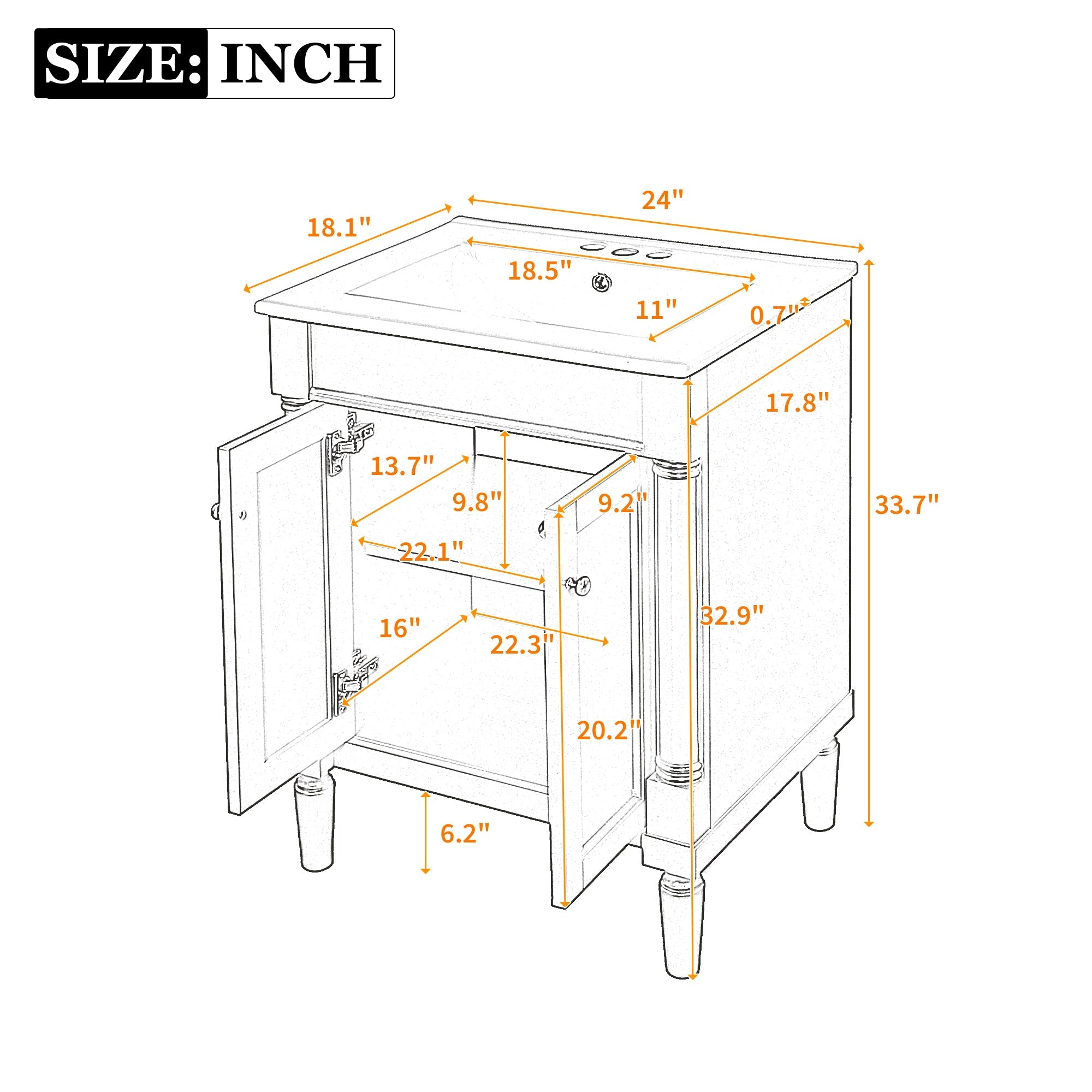 24 "Single sink bathroom dressing table, 2 - layer modern bathroom storage cabinet(white) - KiKiUMi