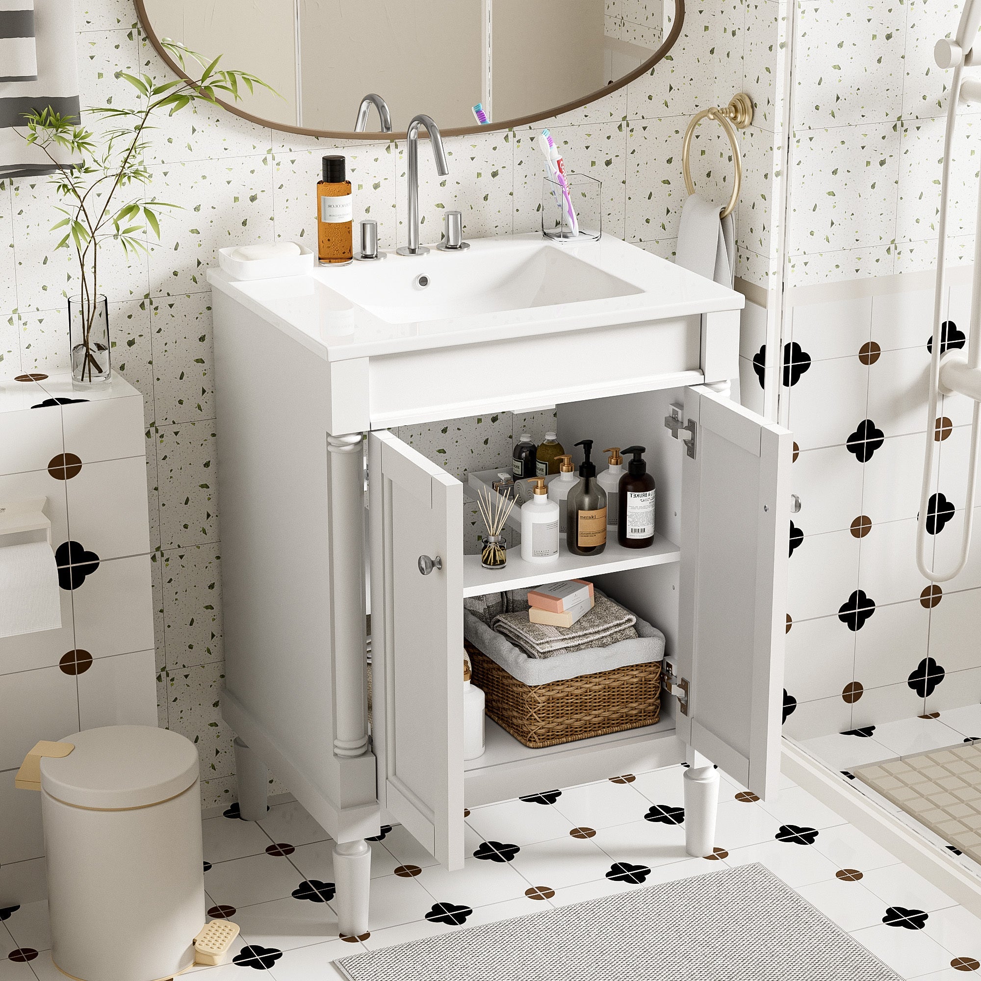 24 "Single sink bathroom dressing table, 2 - layer modern bathroom storage cabinet(white) - KiKiUMi