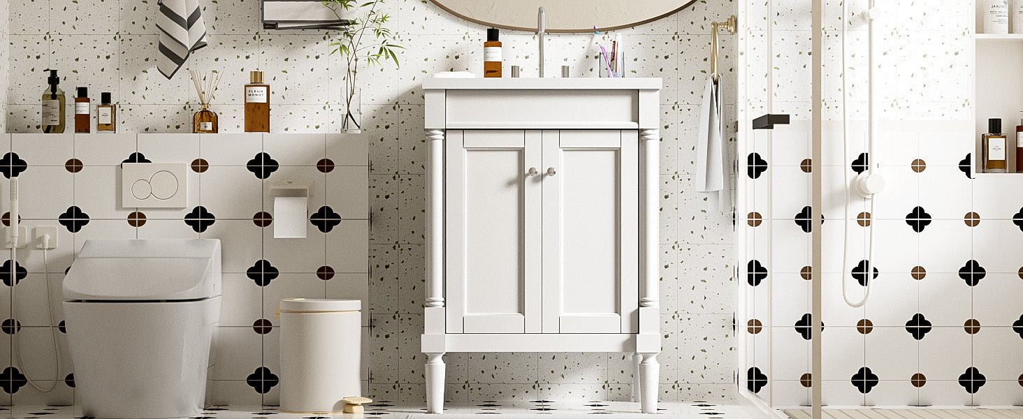 24 "Single sink bathroom dressing table, 2 - layer modern bathroom storage cabinet(white) - KiKiUMi