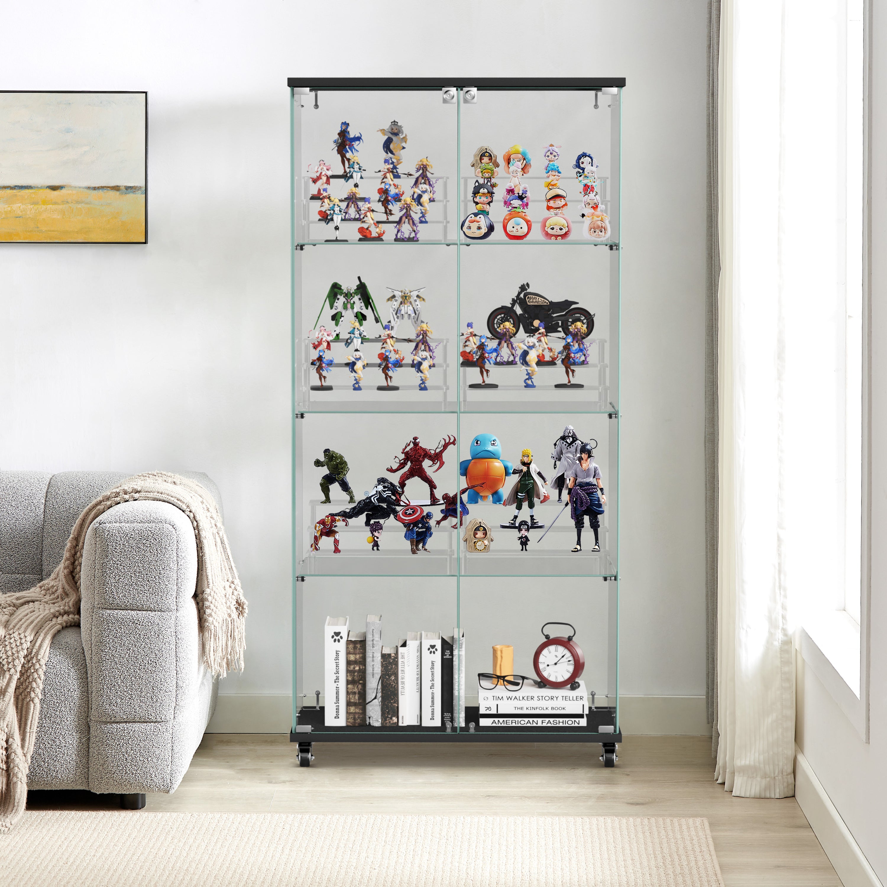 Four-layer double-door glass display cabinet（black）31.5'L x 14.2'W x 65.1'H