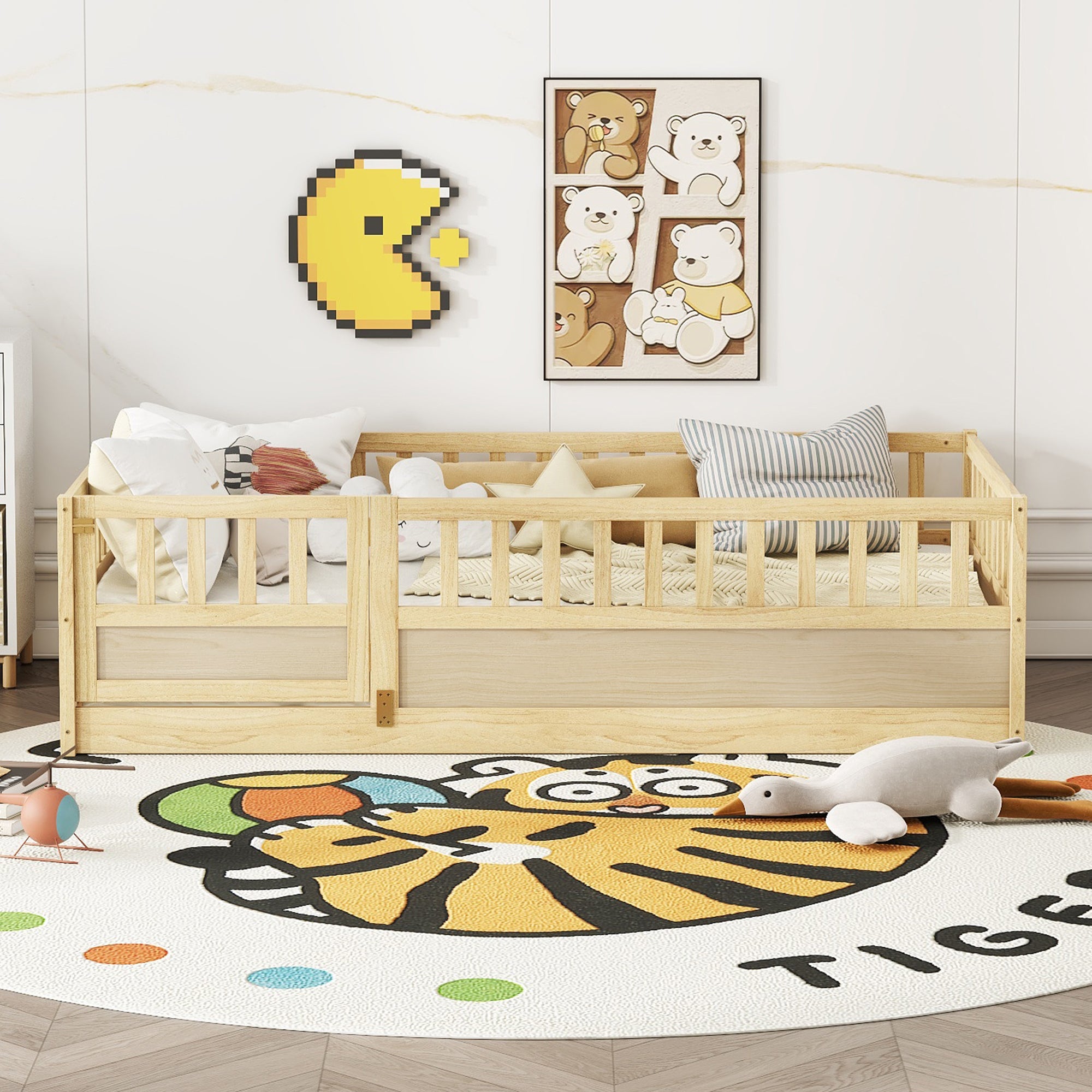 Natural wood support board, double Montessori wooden children's floor bed