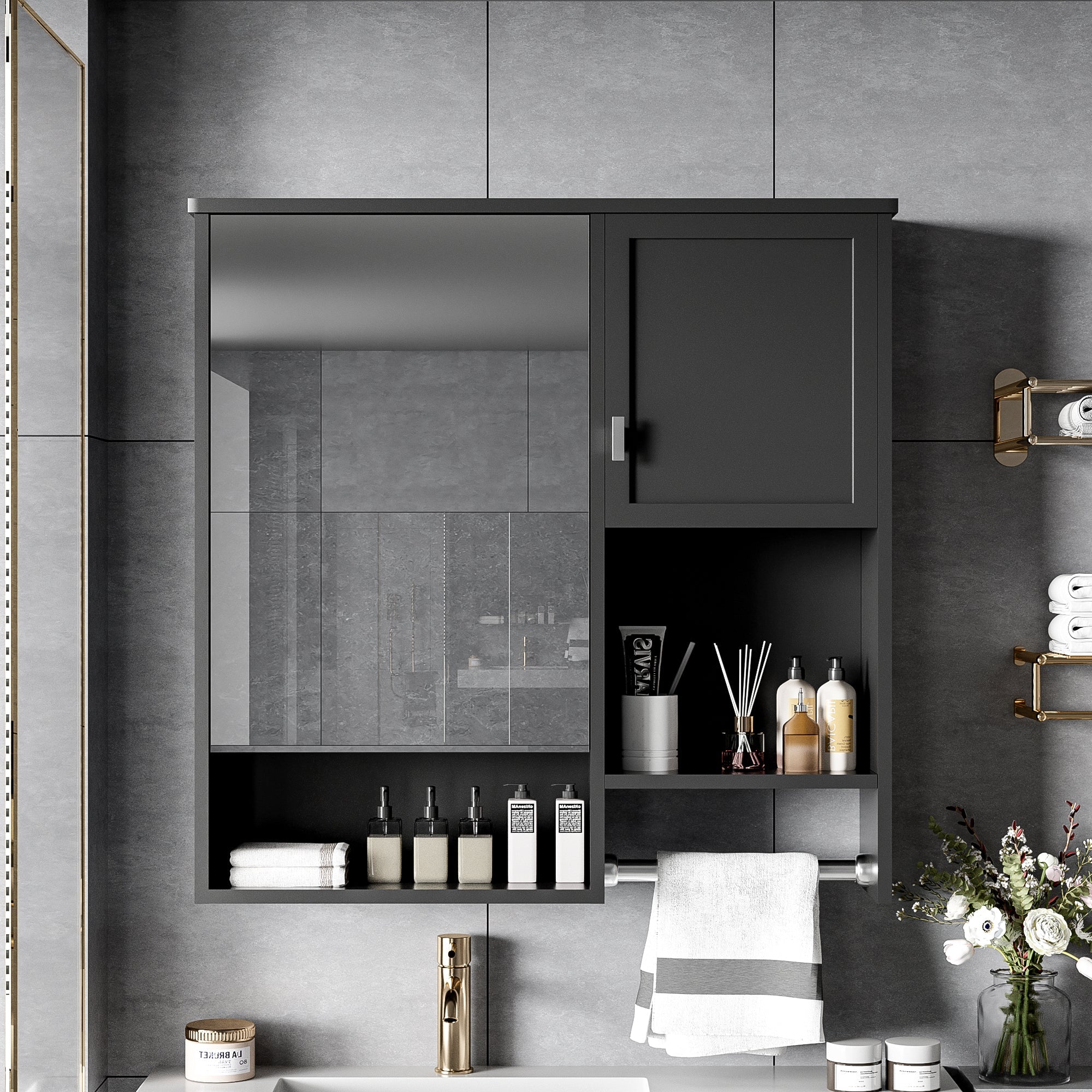 29 "x 28" bathroom wall storage cabinet and mirror(black) - KiKiUMi