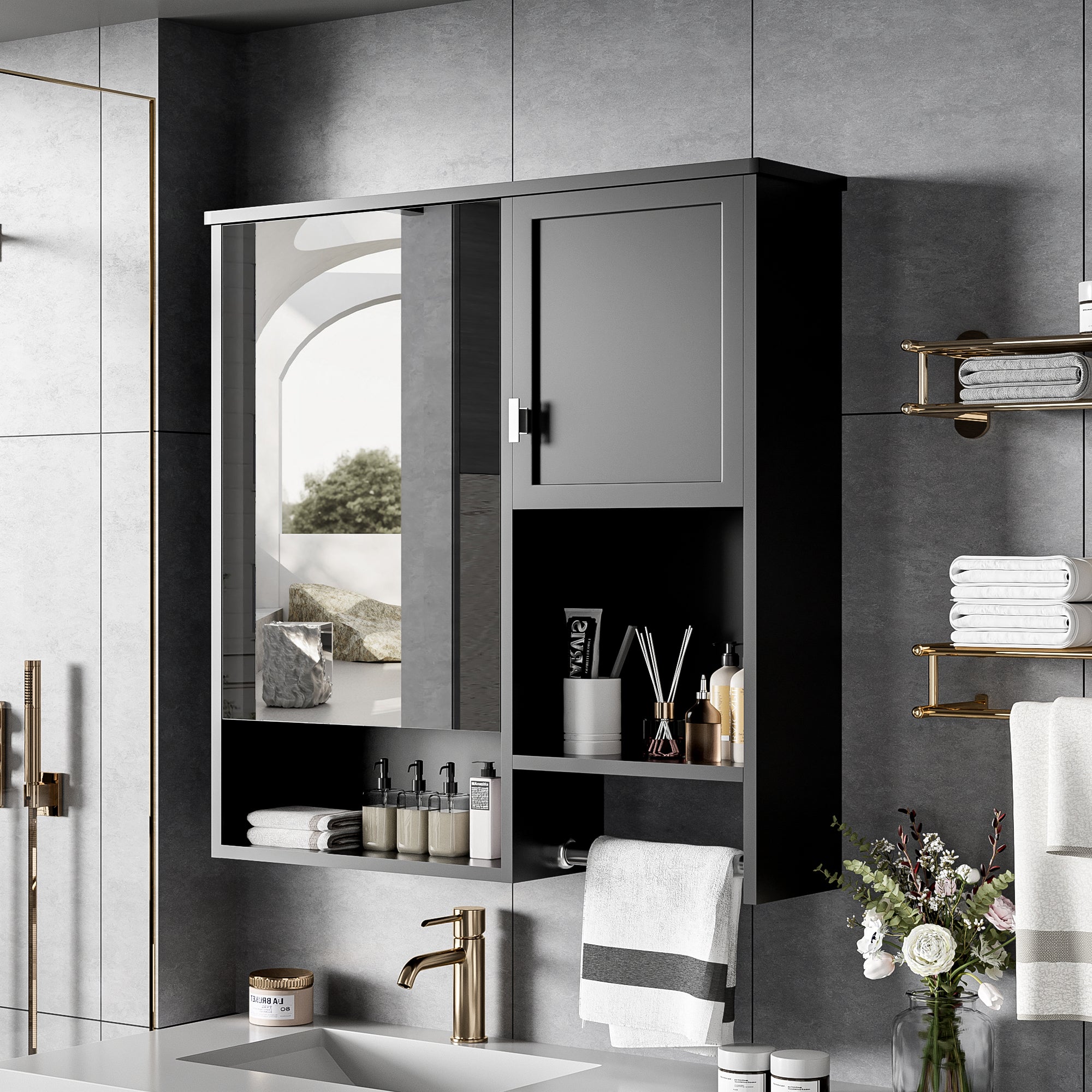 29 "x 28" bathroom wall storage cabinet and mirror(black) - KiKiUMi