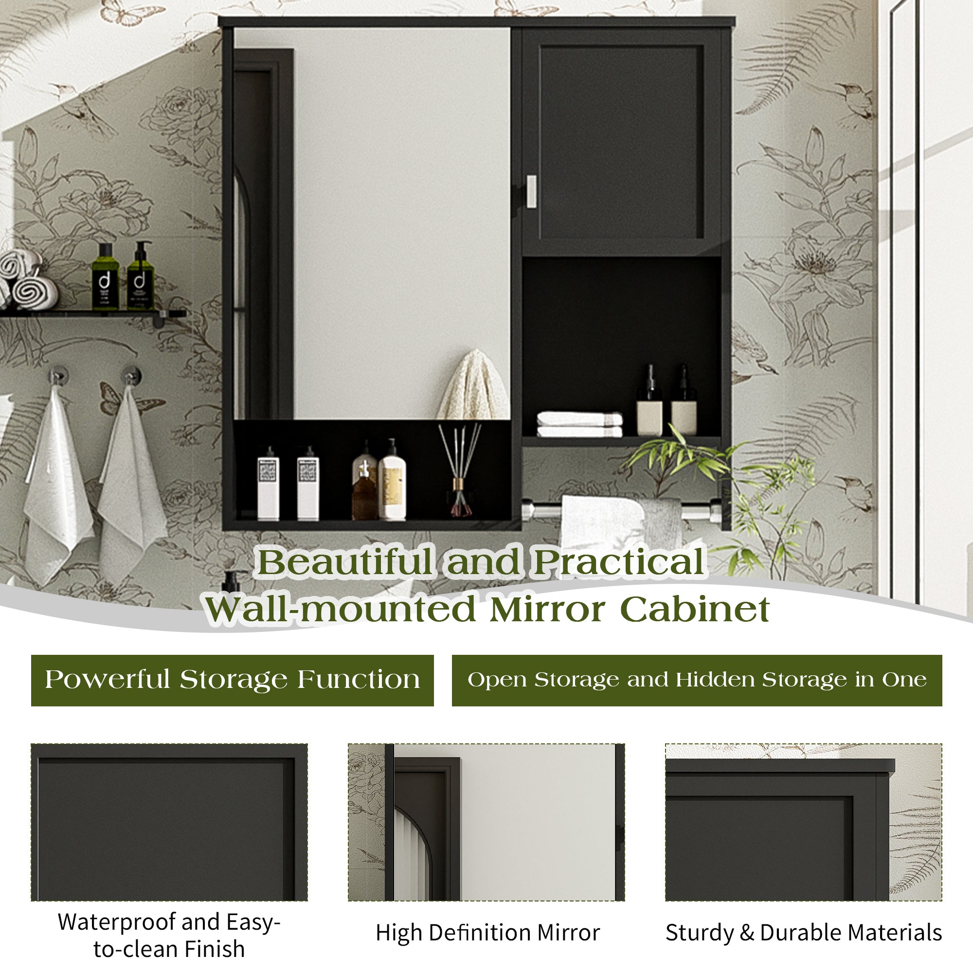 29 "x 28" bathroom wall storage cabinet and mirror(black) - KiKiUMi
