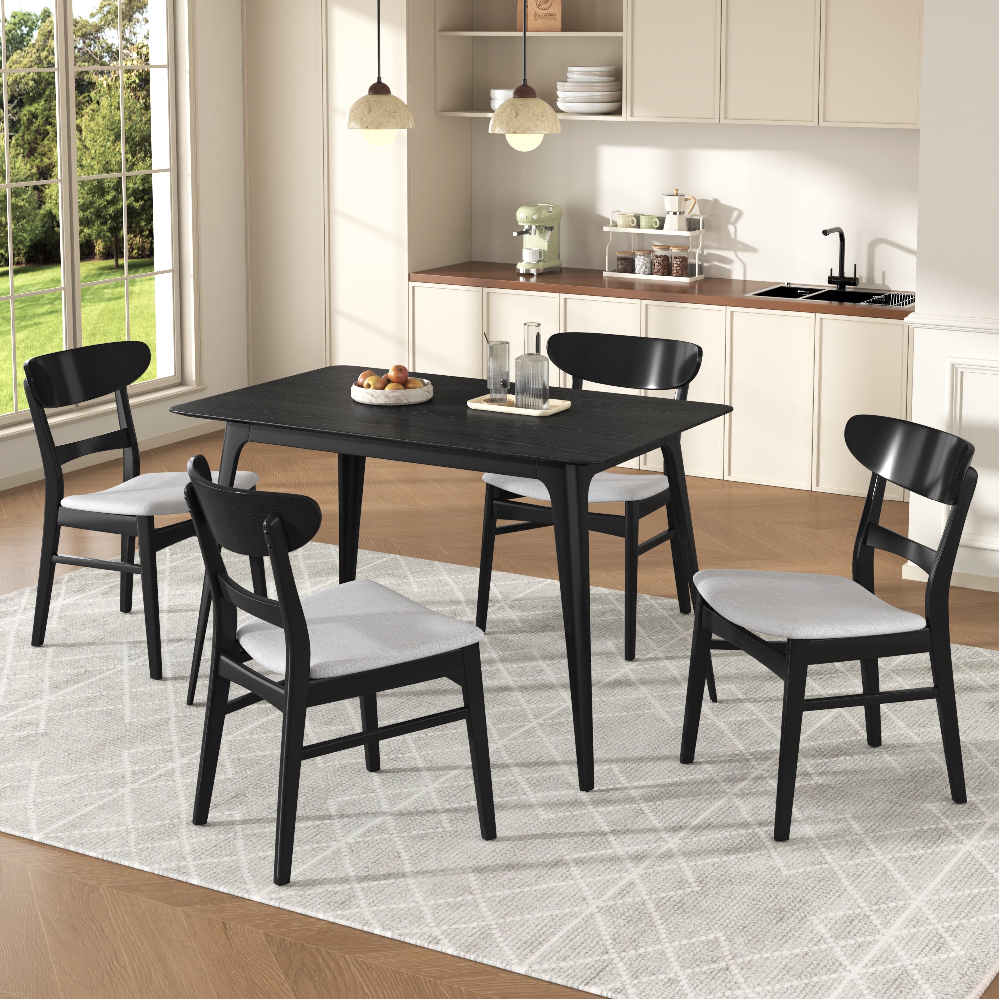 Medieval modern table and four upholstered chairs(black,light gray)