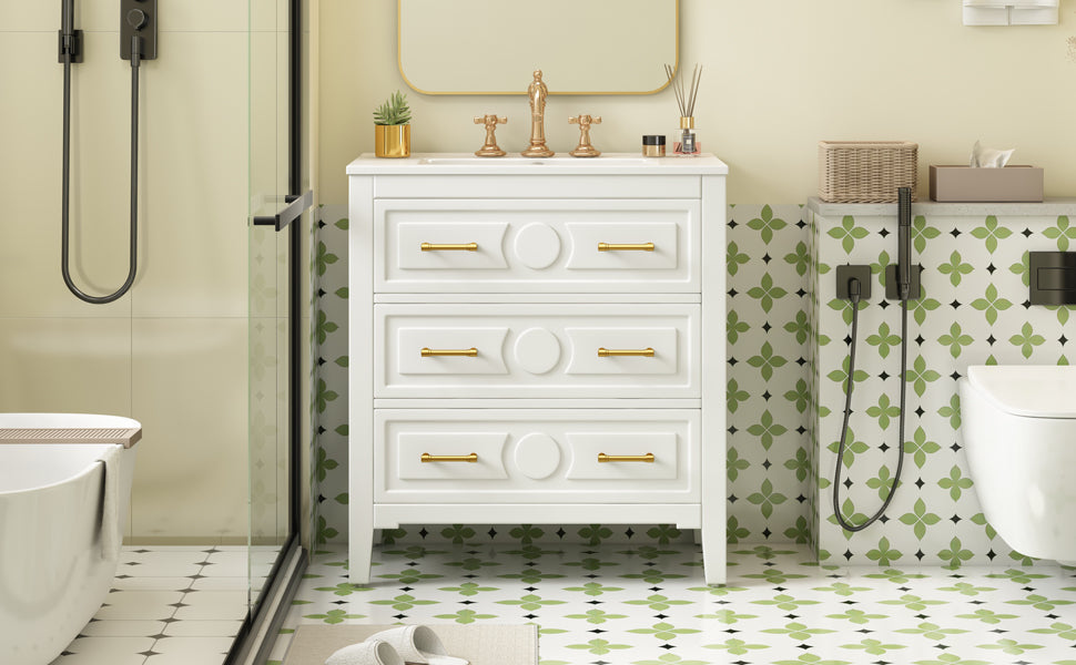 30 "Ceramic sink solid wood frame independent single dressing table set（white）