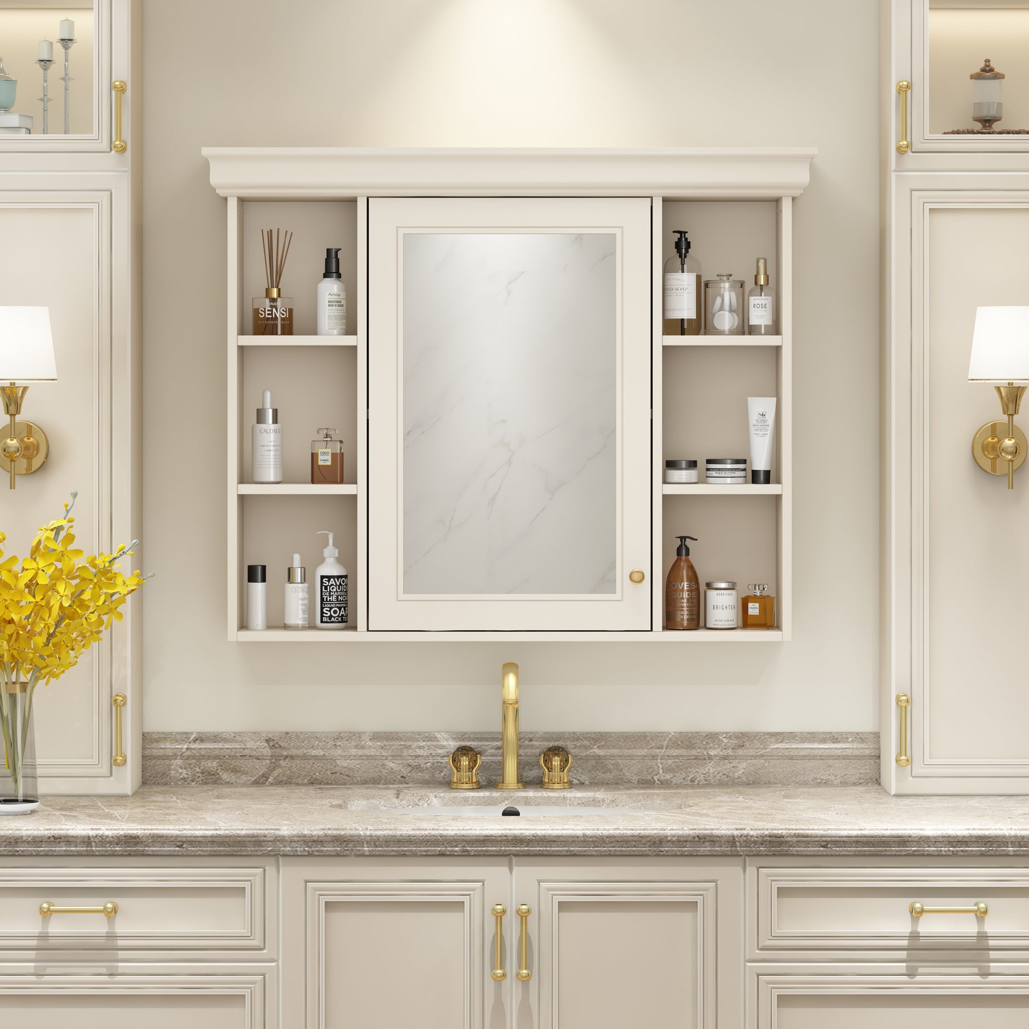 35 "x 28" wall-mounted bathroom storage cabinet with a mirror(beige+cream)