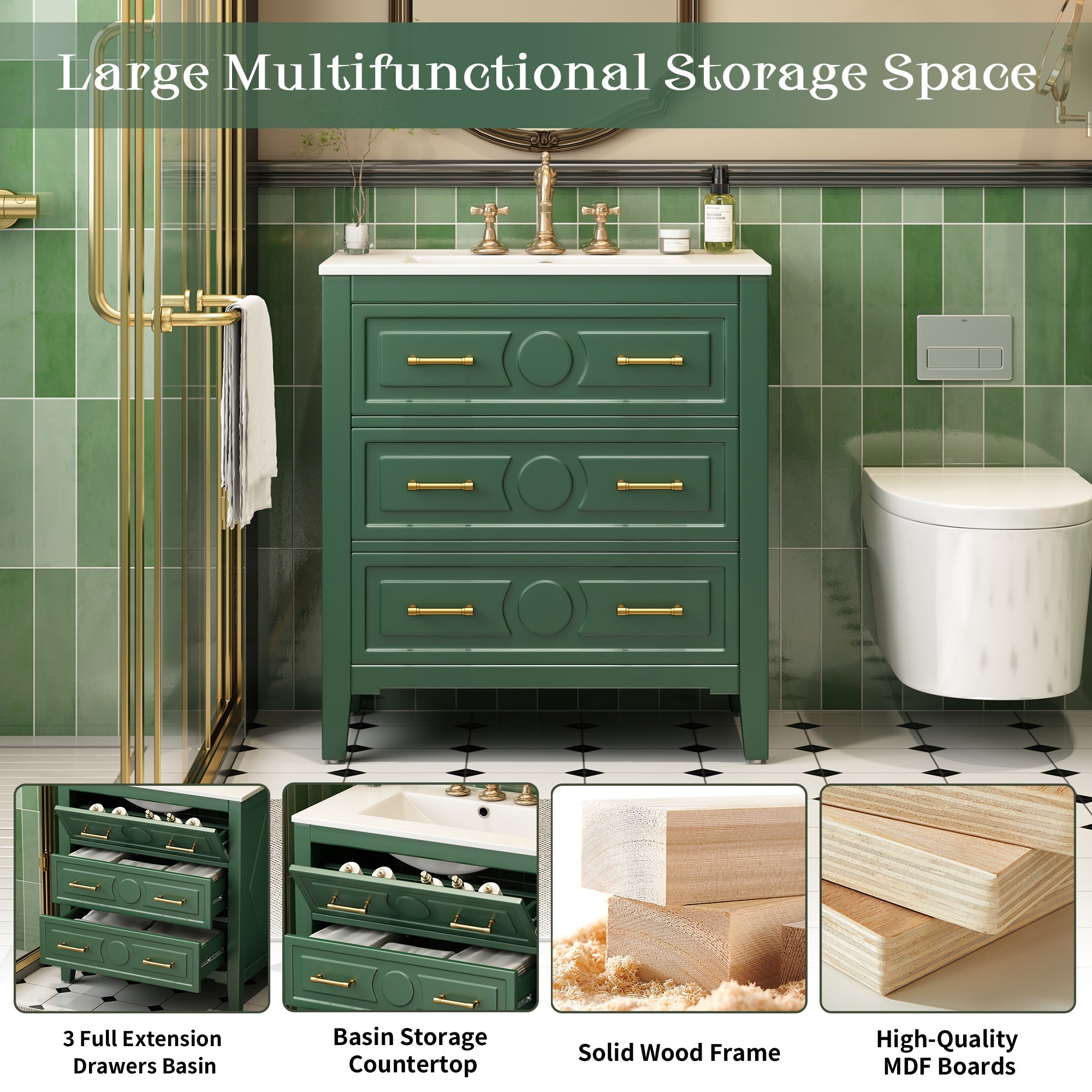 30 "Ceramic sink solid wood frame independent single dressing table set(green) - KiKiUMi