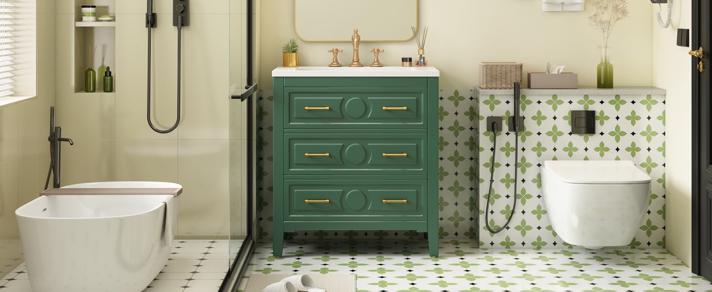 30 "Ceramic sink solid wood frame independent single dressing table set(green) - KiKiUMi