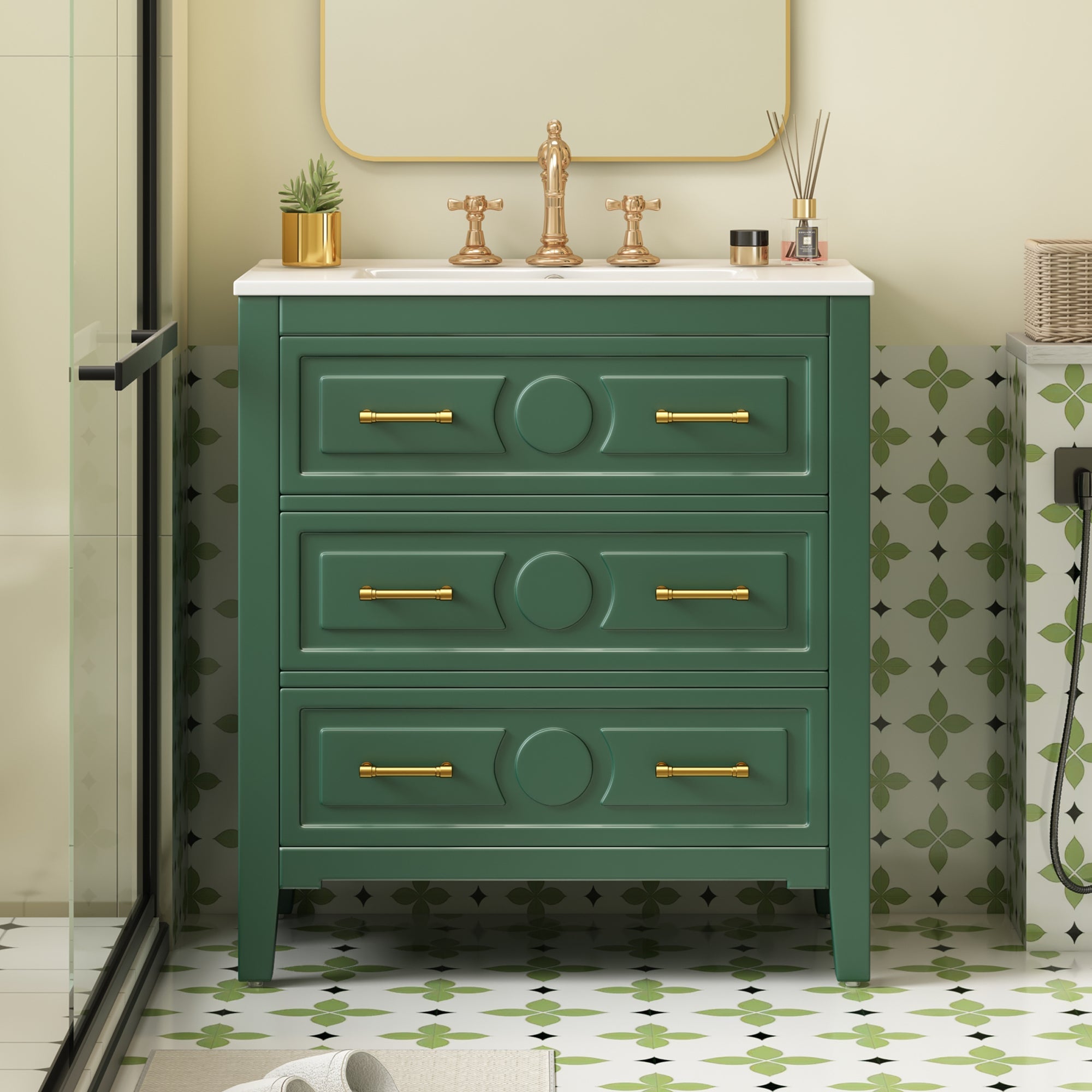 30 "Ceramic sink solid wood frame independent single dressing table set(green) - KiKiUMi