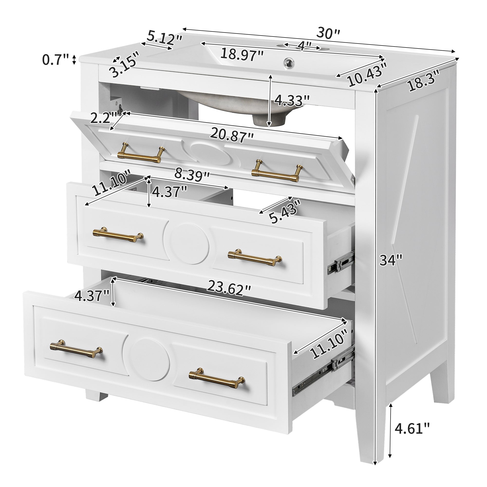 30 "Ceramic sink solid wood frame independent single dressing table set（white） - KiKiUMi