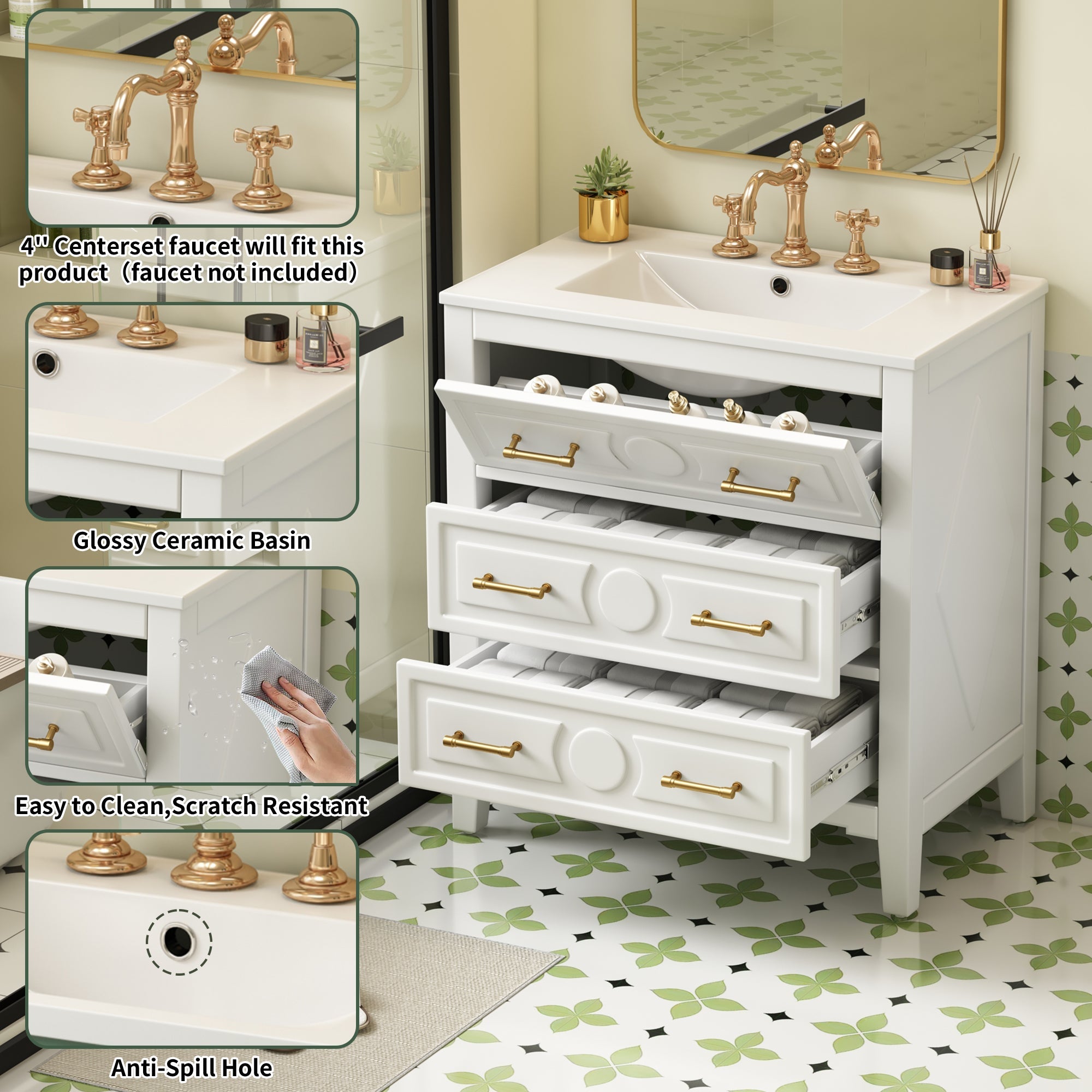 30 "Ceramic sink solid wood frame independent single dressing table set（white） - KiKiUMi